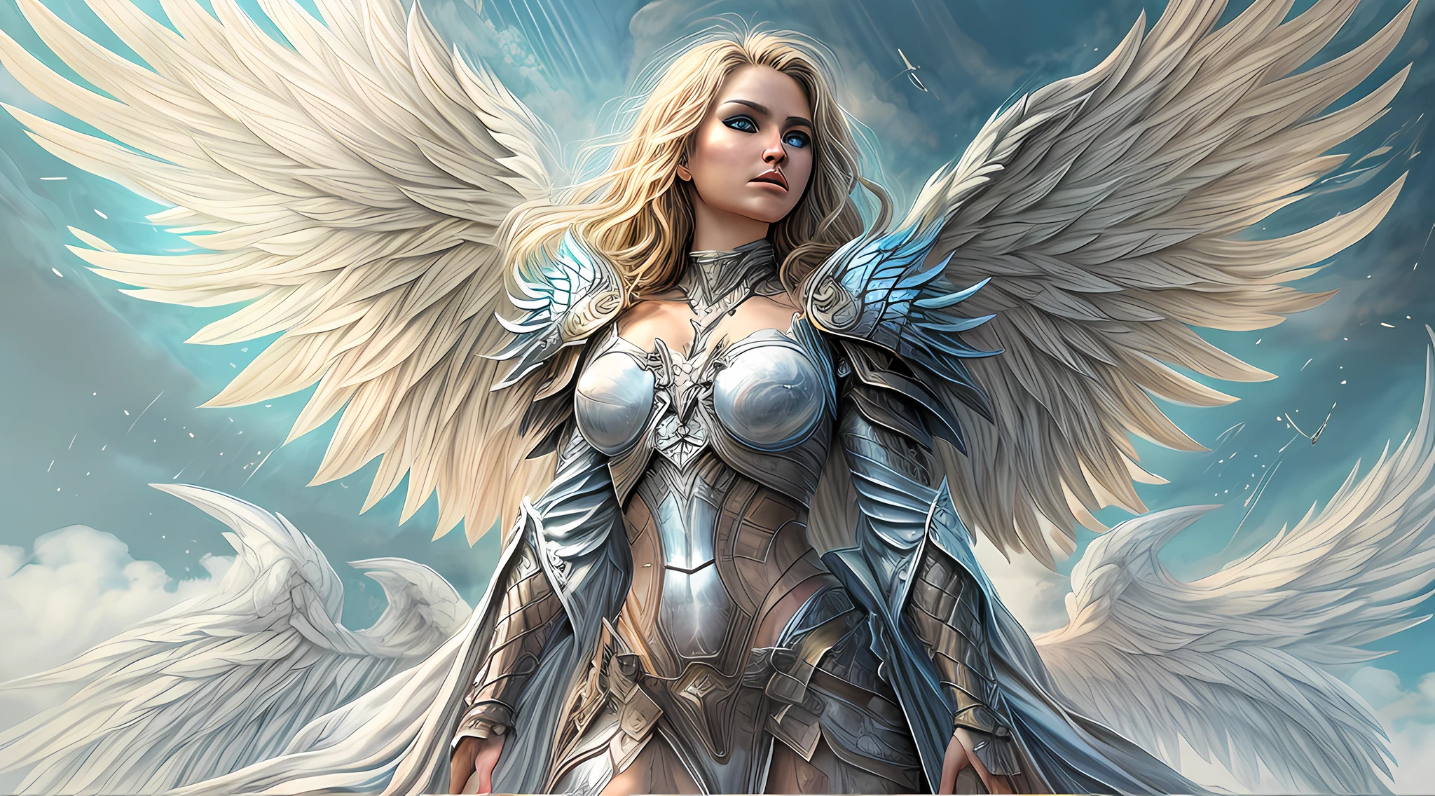 high details, best quality, 16k, [ultra detailed], masterpiece, best quality, dynamic angle, ultra wide shot, RAW, photorealistic, fantasy art, realistic art, a picture of an archangel flying in a the sky between the clouds, fantasy art, RPG art, a a full distance shot, full body, an epic beautiful female archangel, blond hair, long hair, (wavy hair: 1.2), (blue eyes: 1.2), intense eyes (best detailed face: 1.3), (ultra feminine: 1.3) spread angelic wings angel_wings, (rainbow colored wings: 1.5) wearing heavy armor, (with glowing divine sigils: 1.2), light clouds in the background, a n epic (rainbow: 1.5) between the clouds, 16k, ultra detailed, masterpiece, best quality, ultra detailed, full body, ultra wide shot, photorealistic,