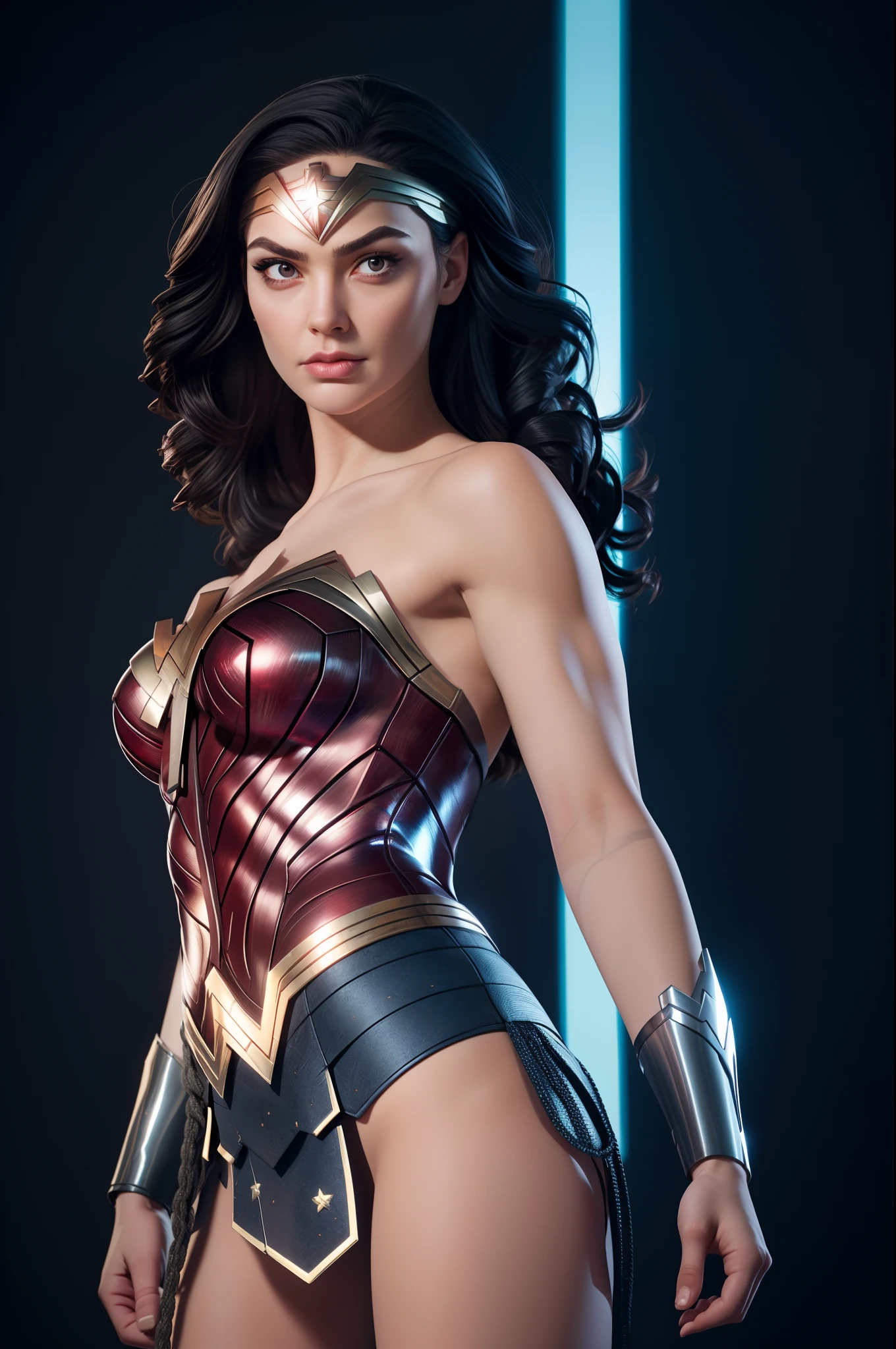 Wonder woman, Portrait photo by Altgarm, realism style, Glowing skin, Cartoon hero, Defined lips, Strong physical strength, Feminine body, Full body, viewer, (serious facial expression:1.2), Depth of field f/1.8, (((looking in camera))), Camera orientation, Building Street, natta, neon light, ultra wide lens, (Shooting from below),