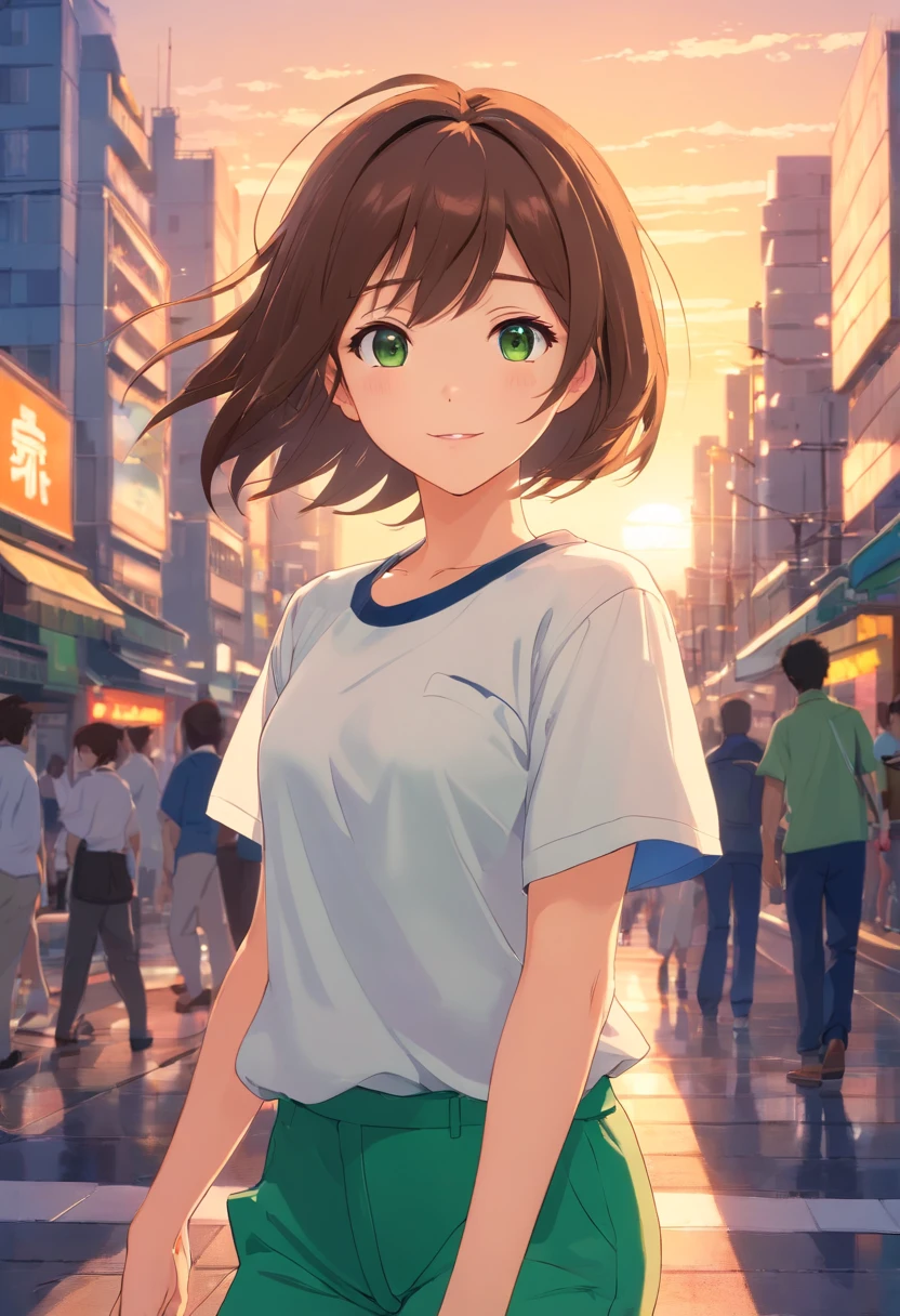 tmasterpiece, beste-Qualit, filmstill, 1 girl,medium brown hair with bangs,beautiful green glaha.She wears a white short-sleeved shirt and navy blue long pants.Background: sunset in the city center, happy face,Beautiful background,Anime style