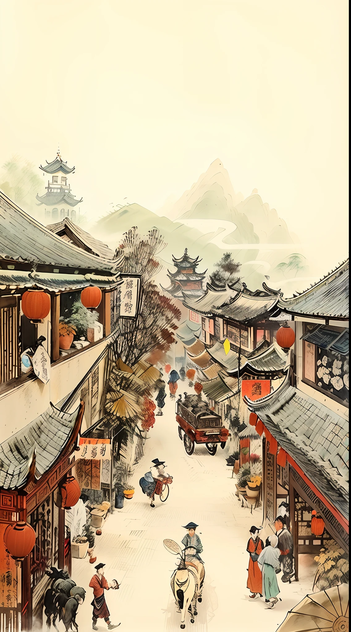 There is a picture of the streets of the bustling Chang'an City of the Tang Dynasty，People walk and ride horses, Chinese village, dreamy Chinese towns, author：Qu Leilei, Chinese watercolor style, ancient china art style, author：Yi Renwen, Chinese style painting,