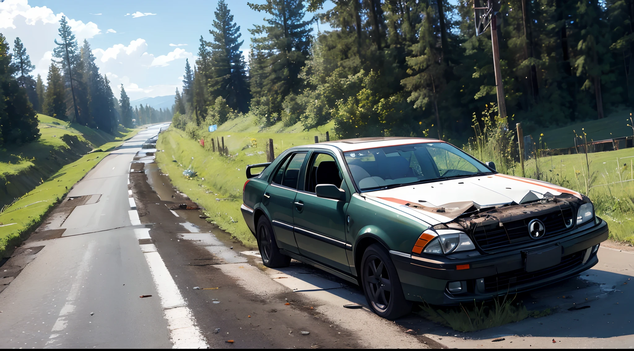 the body of a wrecked car in a ditch beside the road.