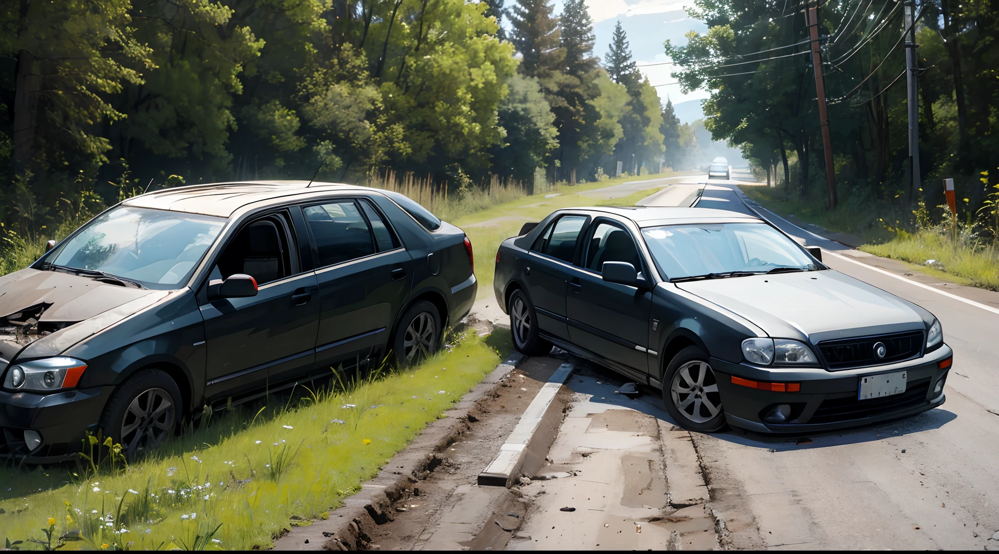 the body of a wrecked car in a ditch beside the road.