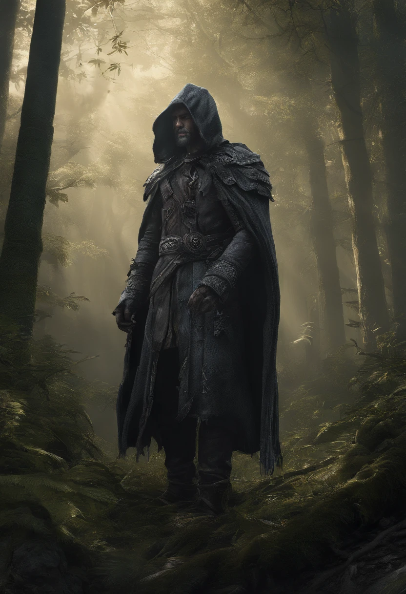 Close up of a person standing in a dark forest, concept art of a dark forest, Dark fantasy forest, dark fantasy artwork, an ominous fantasy illustration, dark fantasy style art, dark fantasy concept art, Dark fantasy background, dnd in a dark forest, Epic fantasy digital art style, dark fantasy environment, Forbidden Forest, Dark fantasy landscape, 8K fantasy art