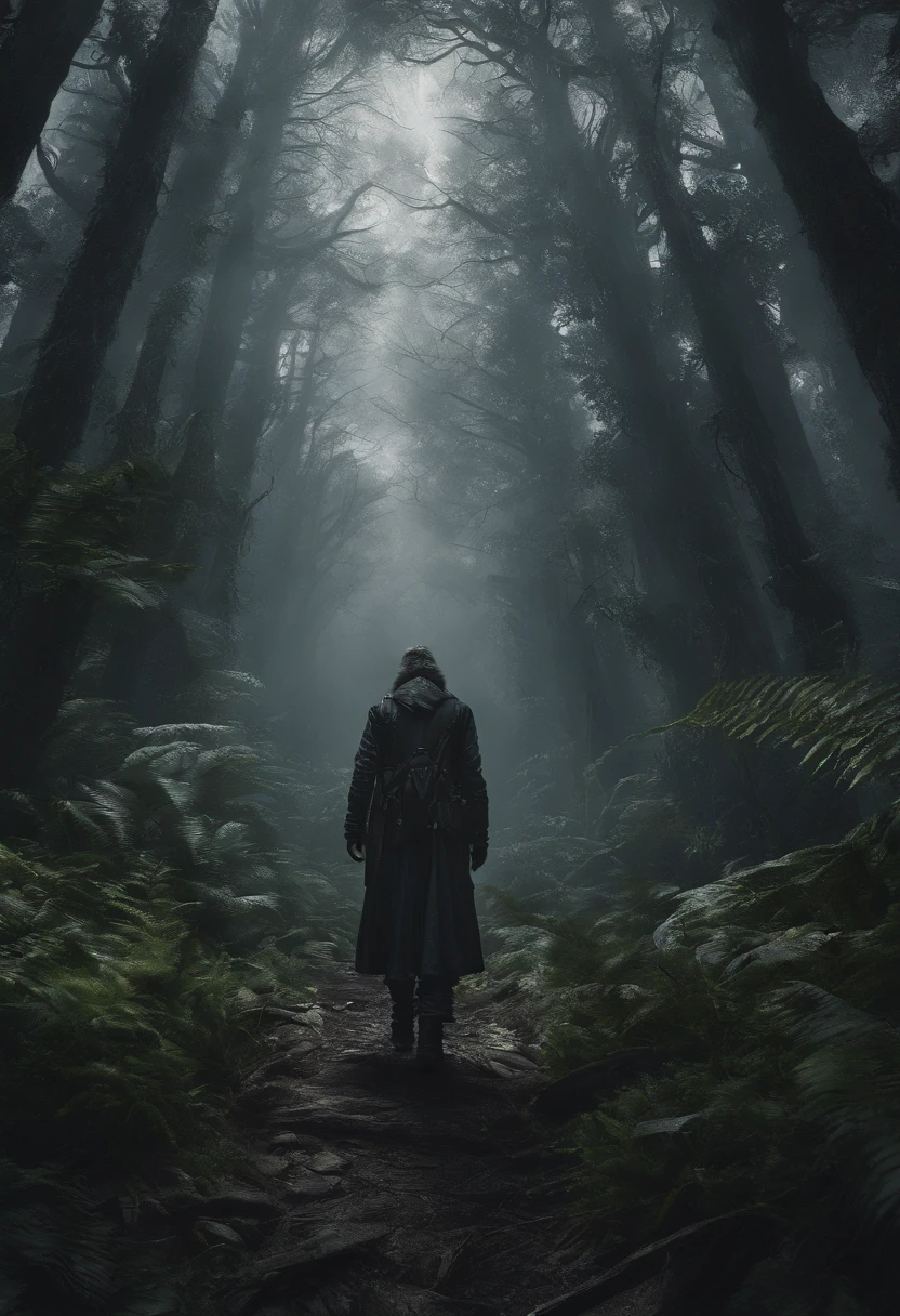 Close up of a person standing in a dark forest, concept art of a dark forest, Dark fantasy forest, dark fantasy artwork, an ominous fantasy illustration, dark fantasy style art, dark fantasy concept art, Dark fantasy background, dnd in a dark forest, Epic fantasy digital art style, dark fantasy environment, Forbidden Forest, Dark fantasy landscape, 8K fantasy art