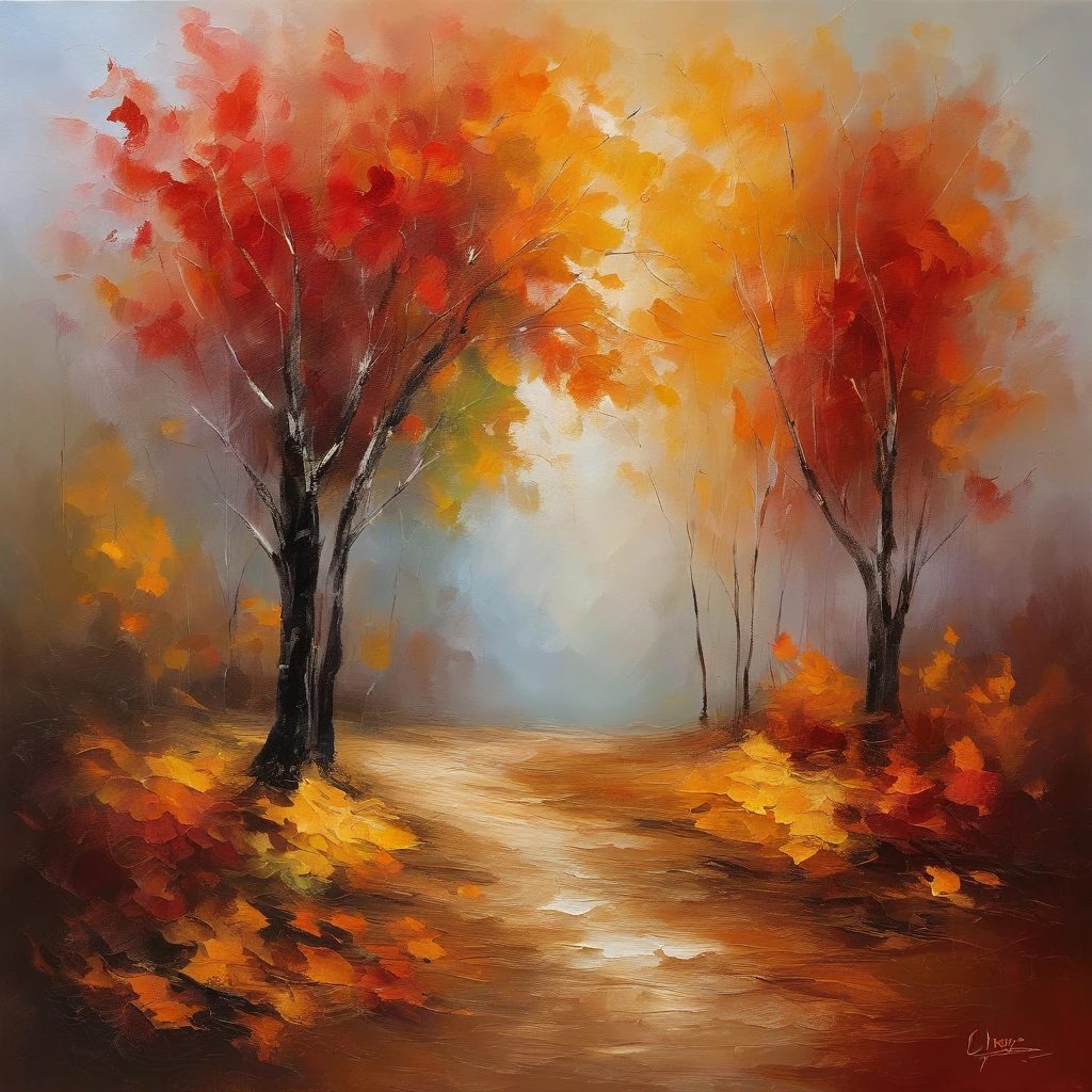 Autumn landscape,Beautiful gold leaf,Shadows fall,prime time,Soft lighting,Peaceful atmosphere,serene environment,serene gardens,Falling leaves,Gentle breeze,impressionist drawing,Rich textures,a warm color palette,Vivid red and orange,The subtle play of light and shadow,Detailed brush strokes,enchanting landscape,Quiet solitude,Magical atmosphere,Whispering style,Majestic trees,Fresh air,Color heaven,The leaves rustle,Evoke nostalgia,Harmony with nature,Splendid beauty,Spectacular views,Dancing leaves