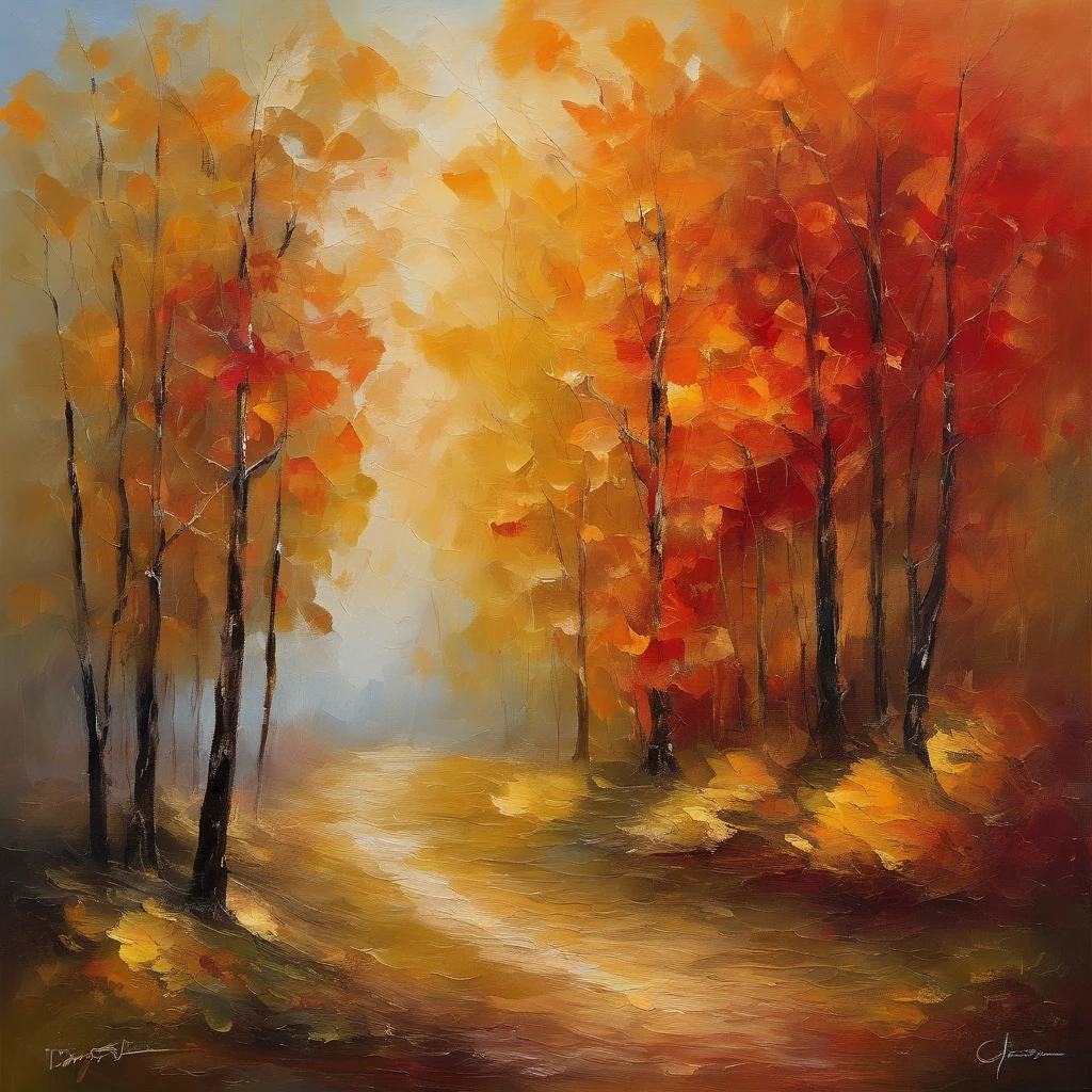 Autumn landscape,Beautiful gold leaf,Shadows fall,prime time,Soft lighting,Peaceful atmosphere,serene environment,serene gardens,Falling leaves,Gentle breeze,impressionist drawing,Rich textures,a warm color palette,Vivid red and orange,The subtle play of light and shadow,Detailed brush strokes,enchanting landscape,Quiet solitude,Magical atmosphere,Whispering style,Majestic trees,Fresh air,Color heaven,The leaves rustle,Evoke nostalgia,Harmony with nature,Splendid beauty,Spectacular views,Dancing leaves