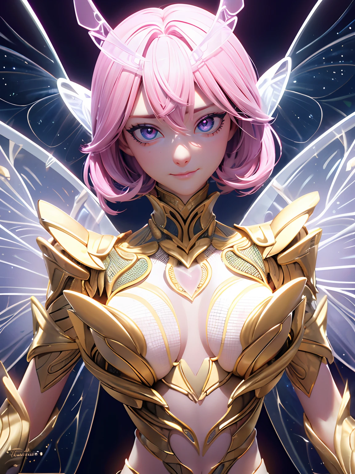 A Photograph of a captivating female insect-like alien with intricately patterned exoskeleton, delicate translucent wings, and luminous compound eyes. Seductive pose. The composition showcases her poised in mid-air, surrounded by a soft diffused glow that accentuates the vibrant hues of her otherworldly form. masterpiece, high details, best quality, HD, realism.
