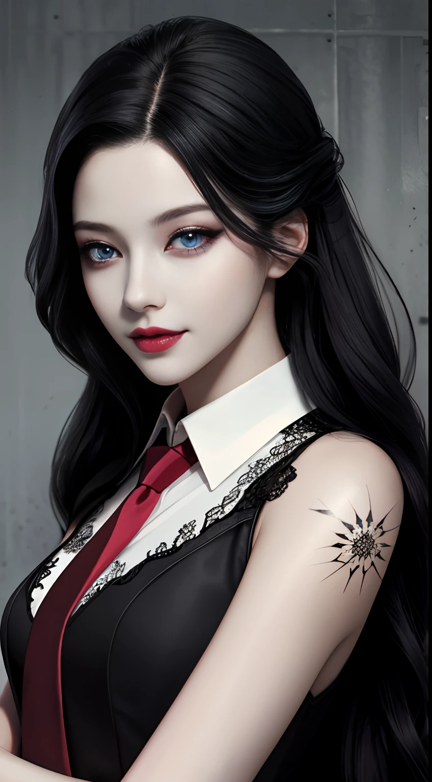 HD, 8K, (((Masterpiece))), (((A high resolution))), ((Best quality)), ((An extremely delicate and beautiful)), Crazy detail and intrusive, Super detailed, Tokyo Ghoul, 1 woman, Solo, black collared shirt, red necktie, Pale skin, large lips, Puffy lips, Black lips, Red eye, eBlue eyes, Heterochromia, ringed eyes, Glowing eyes, Black hair, Long hair, hair slicked back, ghoul, Evil smile, scars face