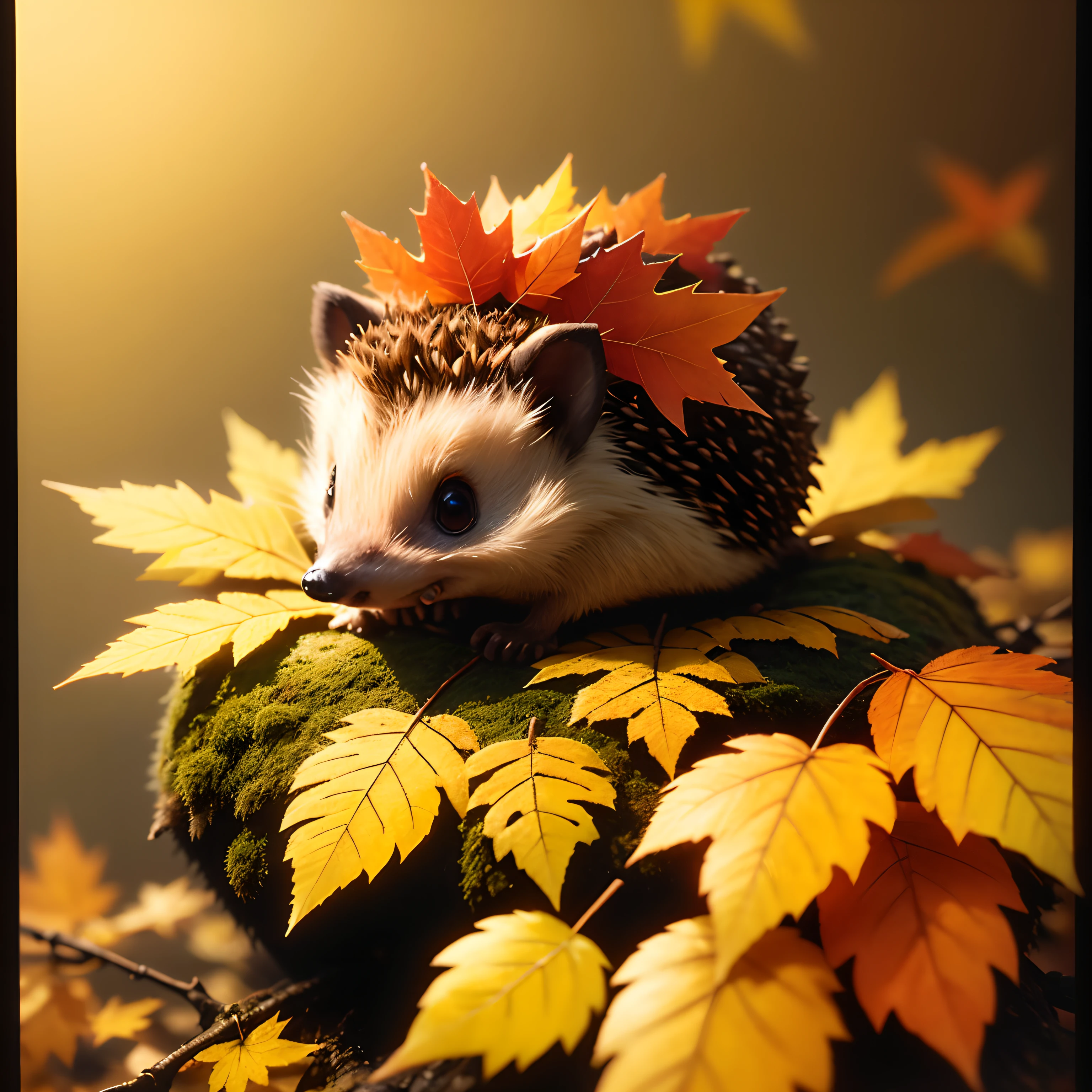 A litle Cute Hedgehog collects leaves on its thorns for winter. Autumn, maple leaves red and yellow, beech leaves yellow, fog, ultra-detailed, film photography, light leaks , sharp focus, studio photo, intricate details, highly detailed,