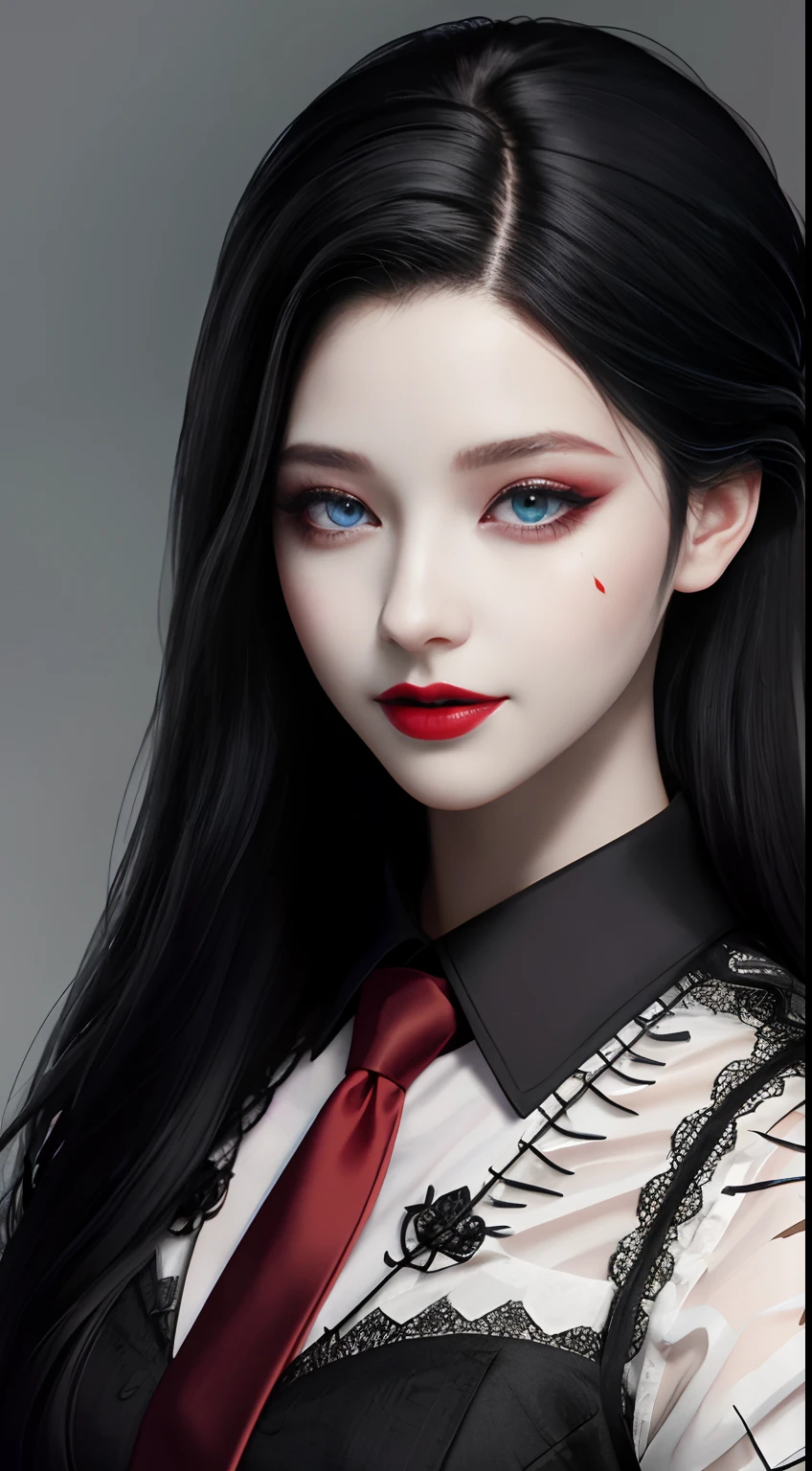HD, 8K, (((Masterpiece))), (((A high resolution))), ((Best quality)), ((An extremely delicate and beautiful)), Crazy detail and intrusive, Super detailed, Tokyo Ghoul, 1 woman, Solo, black collared shirt, red necktie, Pale skin, large lips, Puffy lips, Black lips, Red eye, eBlue eyes, Heterochromia, ringed eyes, Glowing eyes, Black hair, Long hair, hair slicked back, ghoul, Evil smile, scars face