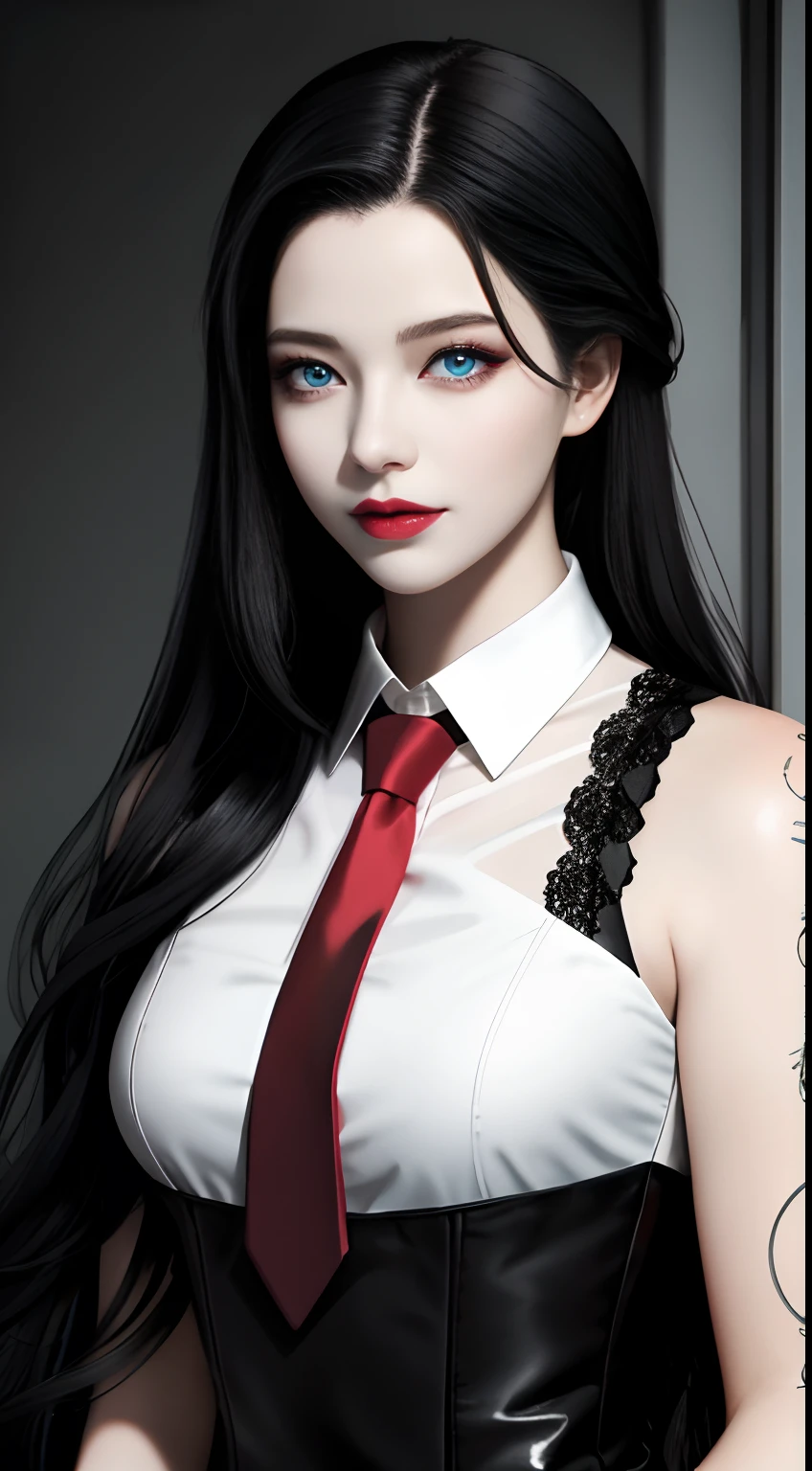 HD, 8K, (((Masterpiece))), (((A high resolution))), ((Best quality)), ((An extremely delicate and beautiful)), Crazy detail and intrusive, Super detailed, Tokyo Ghoul, 1 woman, Solo, black collared shirt, red necktie, Pale skin, large lips, Puffy lips, Black lips, Red eye, eBlue eyes, Heterochromia, ringed eyes, Glowing eyes, Black hair, Long hair, hair slicked back, ghoul, Evil smile, scars face