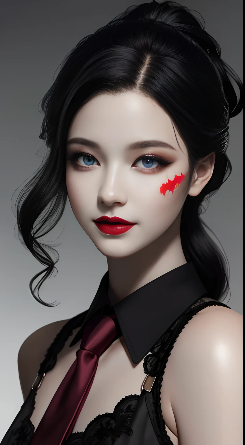 HD, 8K, (((Masterpiece))), (((A high resolution))), ((Best quality)), ((An extremely delicate and beautiful)), Crazy detail and intrusive, Super detailed, Tokyo Ghoul, 1 woman, Solo, black collared shirt, red necktie, Pale skin, large lips, Puffy lips, Black lips, Red eye, eBlue eyes, Heterochromia, ringed eyes, Glowing eyes, Black hair, Long hair, hair slicked back, ghoul, Evil smile, scars face