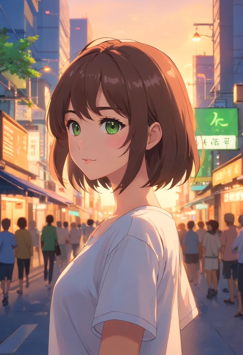 tmasterpiece, beste-Qualit, filmstill, 1 girl,Medium brown hair with bangs,Beautiful green glyache.She wears a white shirt and dark blue long pants.Background: Sunset in the city center, happy face,Beautiful background,Anime style