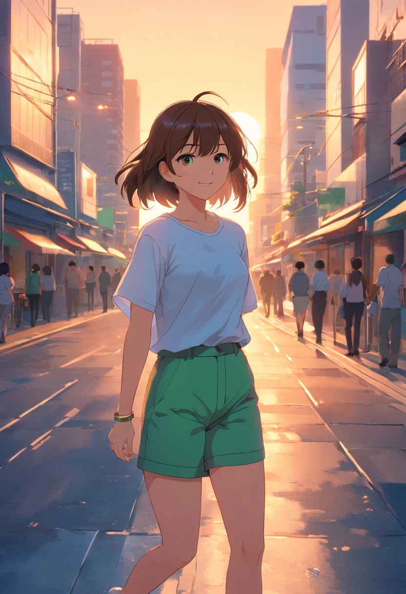 tmasterpiece, beste-Qualit, filmstill, 1 girl,Medium brown hair with bangs,Beautiful green glyache.She wears a white shirt and dark blue long pants.Background: Sunset in the city center, happy face,Beautiful background,Anime style