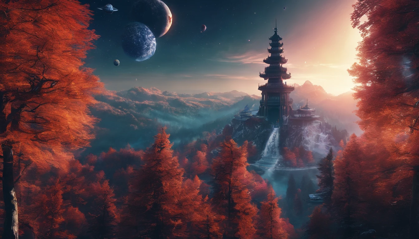 China-style,Ultra-wide angle of view,Beautiful view of autumn,mountain spring,waterfallr,Cloud fog,fall foliage,Fallen leaves all over the ground,oc rendered,high qulity,8K,super-fine,Hyper-realistic,Ultra photo realsisim,35mm camera lens,ultra - detailed