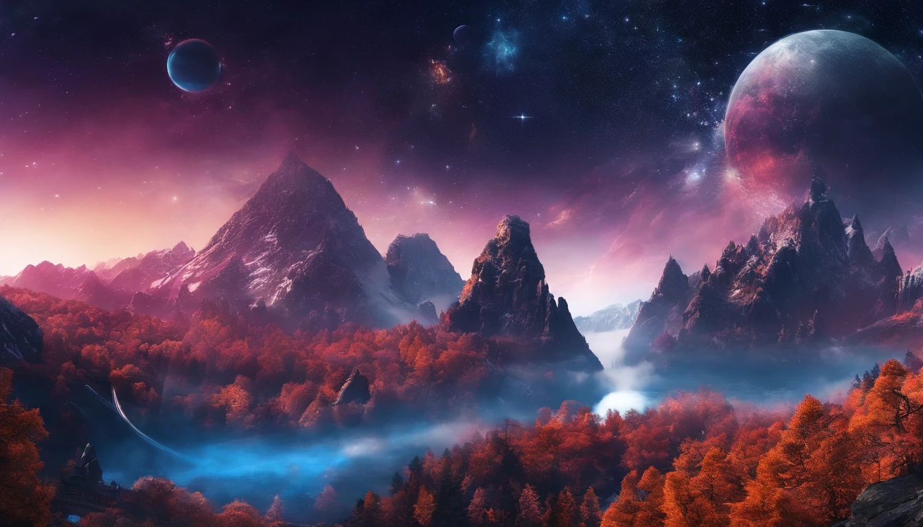 China-style,Ultra-wide angle of view,Beautiful view of autumn,mountain spring,waterfallr,Cloud fog,fall foliage,Fallen leaves all over the ground,oc rendered,high qulity,8K,super-fine,Hyper-realistic,Ultra photo realsisim,35mm camera lens,ultra - detailed