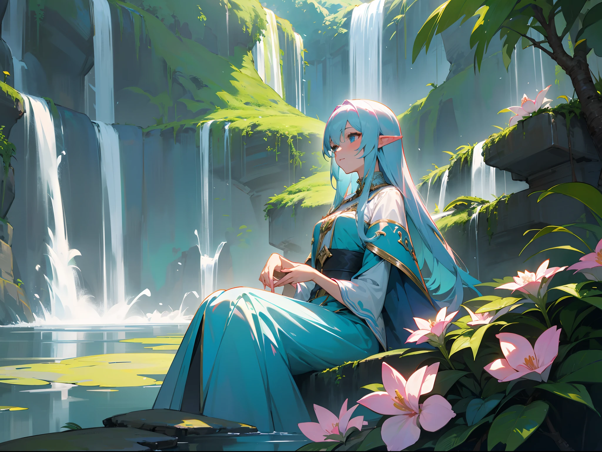 [Anime 1.5], [High Elf 1.5], A high elf sitting on rainforest,  Waterfall's around, 1girl, highly detailed, no repeated hands and fingers, White and sky blue color hairs, pink ribbons, elegant and beautiful, high standard woman, ELEGANT, beautiful scenery around, flowers
