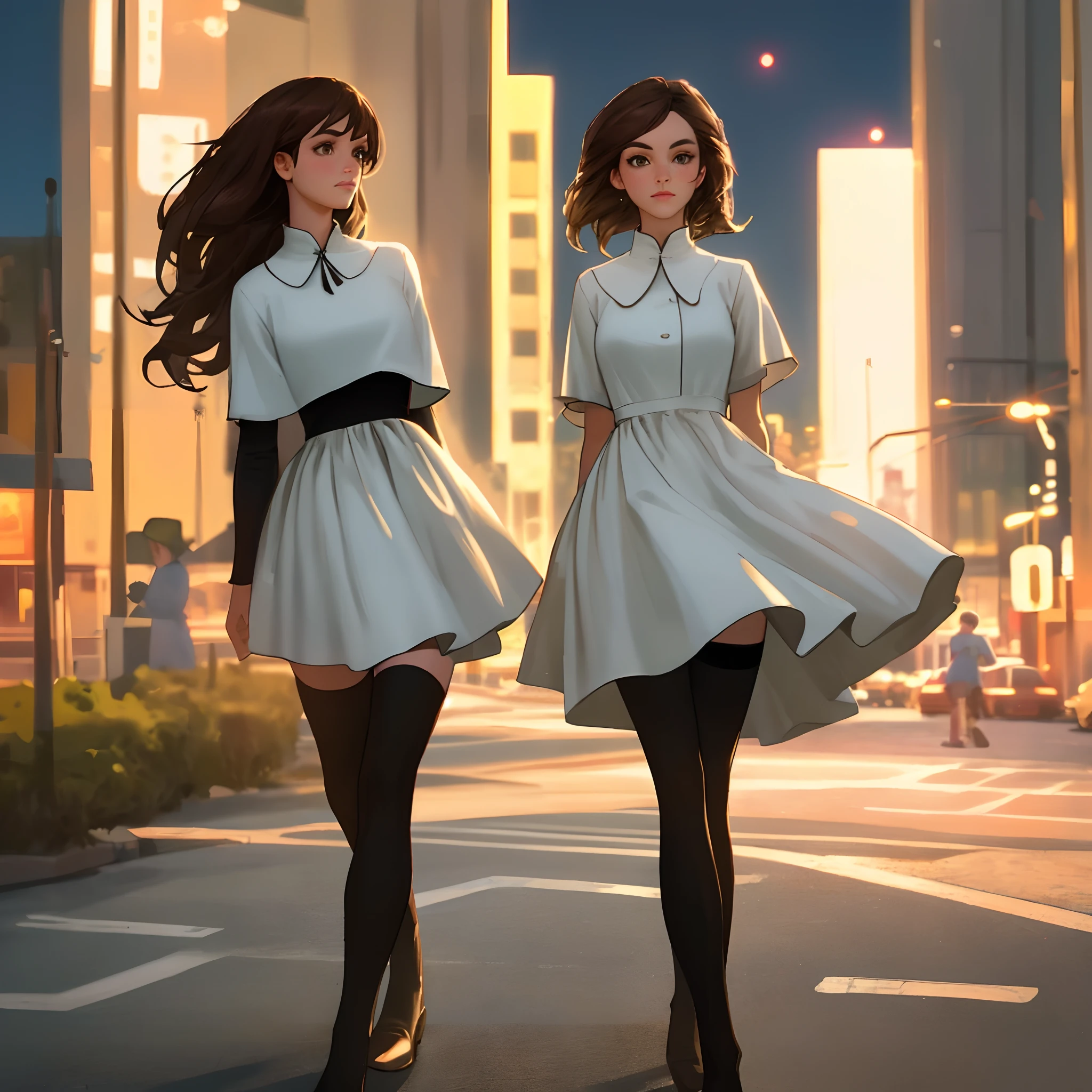 ((Realistic lighting, Best quality, 8K, Masterpiece: 1.3)), Clear focus: 1.2, 1girl, Perfect body beauty: 1.4, Slim abs: 1.1, ((dark brown hair)), (White dress: 1.4), (Outdoor, night: 1.1), City Street, Super Fine Face, Fine Eyes, Double Eyelids, (Over the knee black stockings: 1.5)