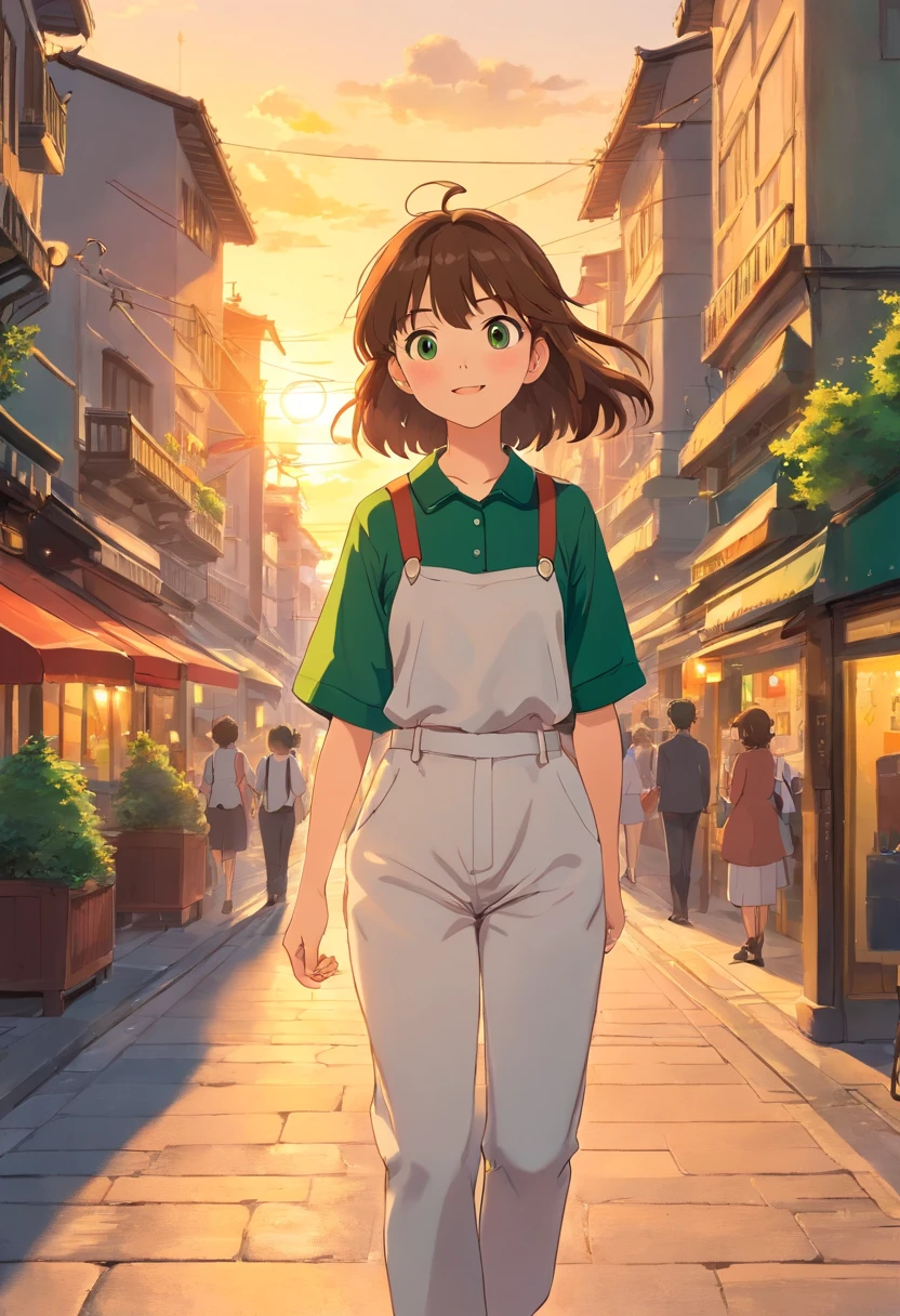 tmasterpiece, beste-Qualit, filmstill, 1 girl,Medium brown hair with bangs,Beautiful green glache.She wears a white schoolboy shirt and navy blue long pants.Background: Sunset in the city center, happy face,Beautiful background,Anime style