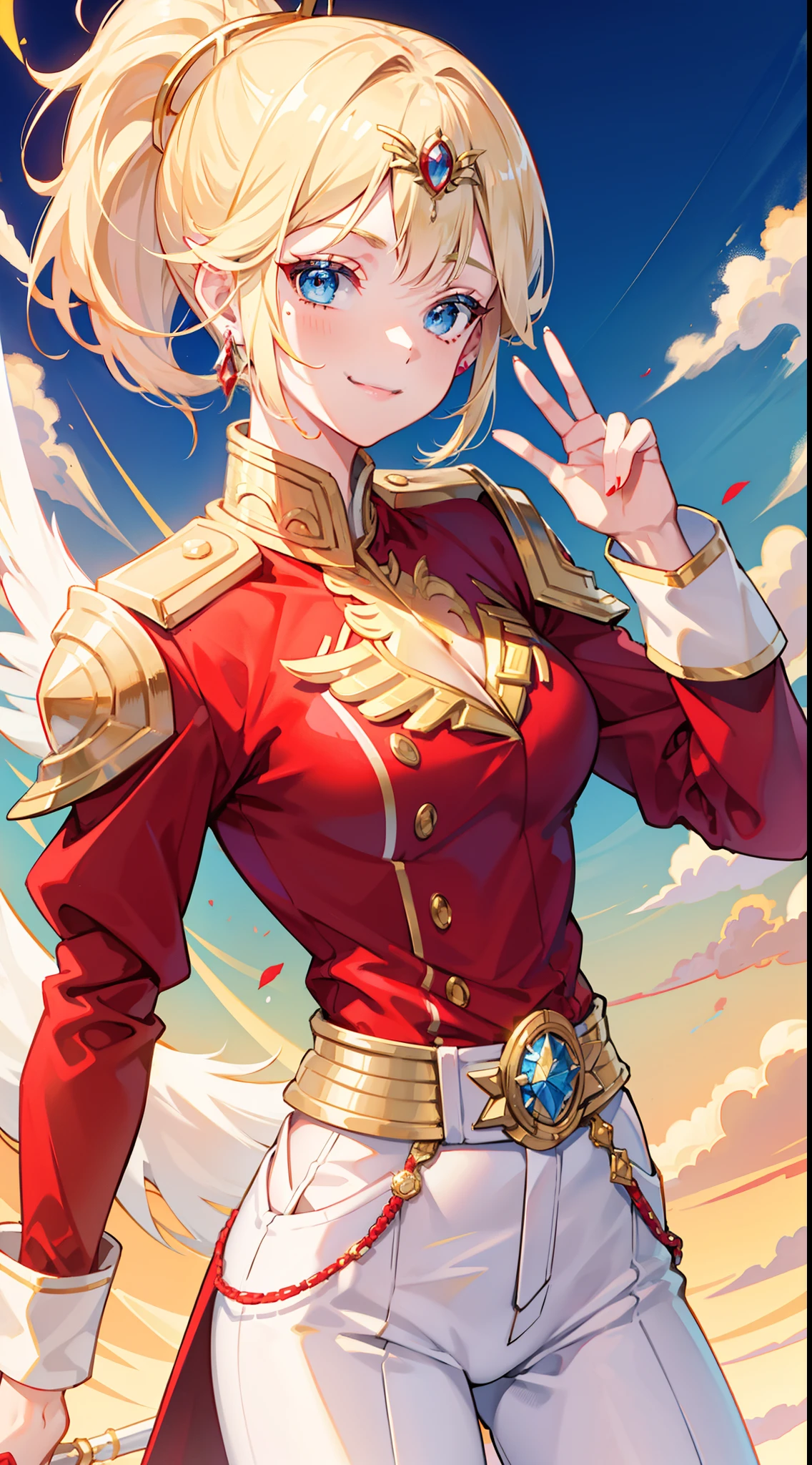 adult girl, short blonde hair, high ponytail, blue eyes, Smile, red jacket, white pants, diadem, Gold Elements, She-ra, Masterpiece, hiquality, 4k, HD, Good detail