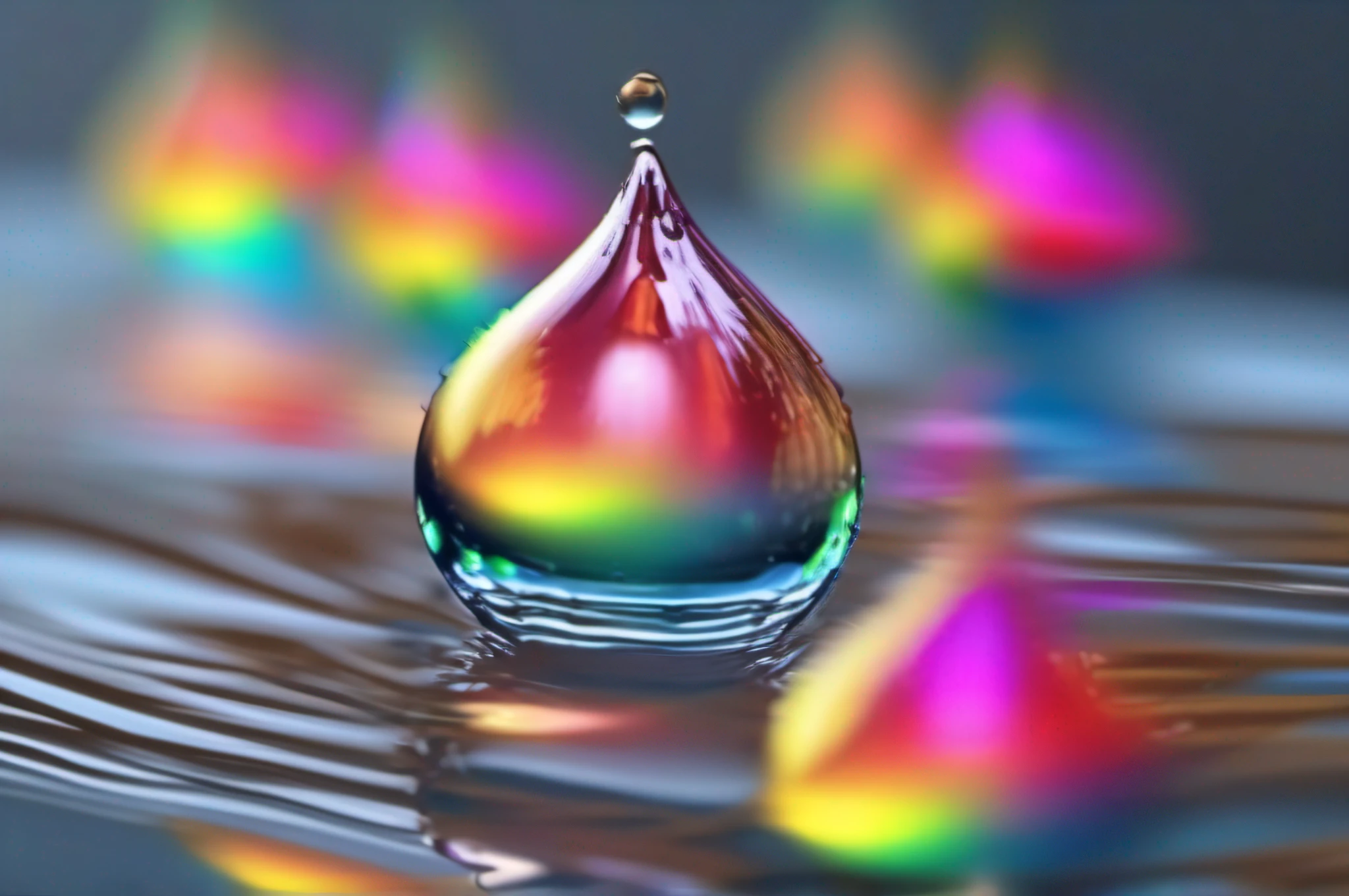 Water drop, rainbow reflection, water drop sliding down a leaf, transparent photography, bright, sparkling, splendid, colorful, magical, spectacular lighting, photo realism, ultra detailed, 4k, depth of field, high resolution