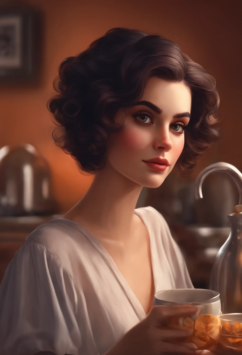 uma menina com copos redondos cercados por bolo na cozinha, alegre, Cartoon,short hair, semente de rosto redondo:2164122919