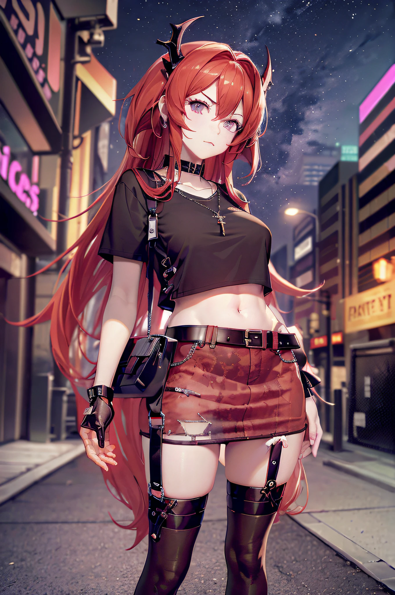 (((Perfect anatomy))), bishoujo, anime girl, anime, freedom+pencil_skirt, full body, detailed background, highres, official art, (masterpiece, best quality, absurdres), ((1girl, solo)), medium breasts, 1 girl, solo, long hair, red hair, crop top, black gloves, single glove, fingerless gloves, demon horns, black horns, short sleeves, sneakers, black footwear, bag charm, black bag, holding, holding bag, midriff, black wristband, red skirt, pencil skirt, black belt, black shirt, purple eyes, looking at viewer, ribs, stomach, toned, nice belly, navel, thigh strap, thighhighs, black thighhighs, black socks, hair between eyes, jewelry, necklace, parted lips, standing, hands on hip, outdoors, street, cityscape, ((((navel piercing))))