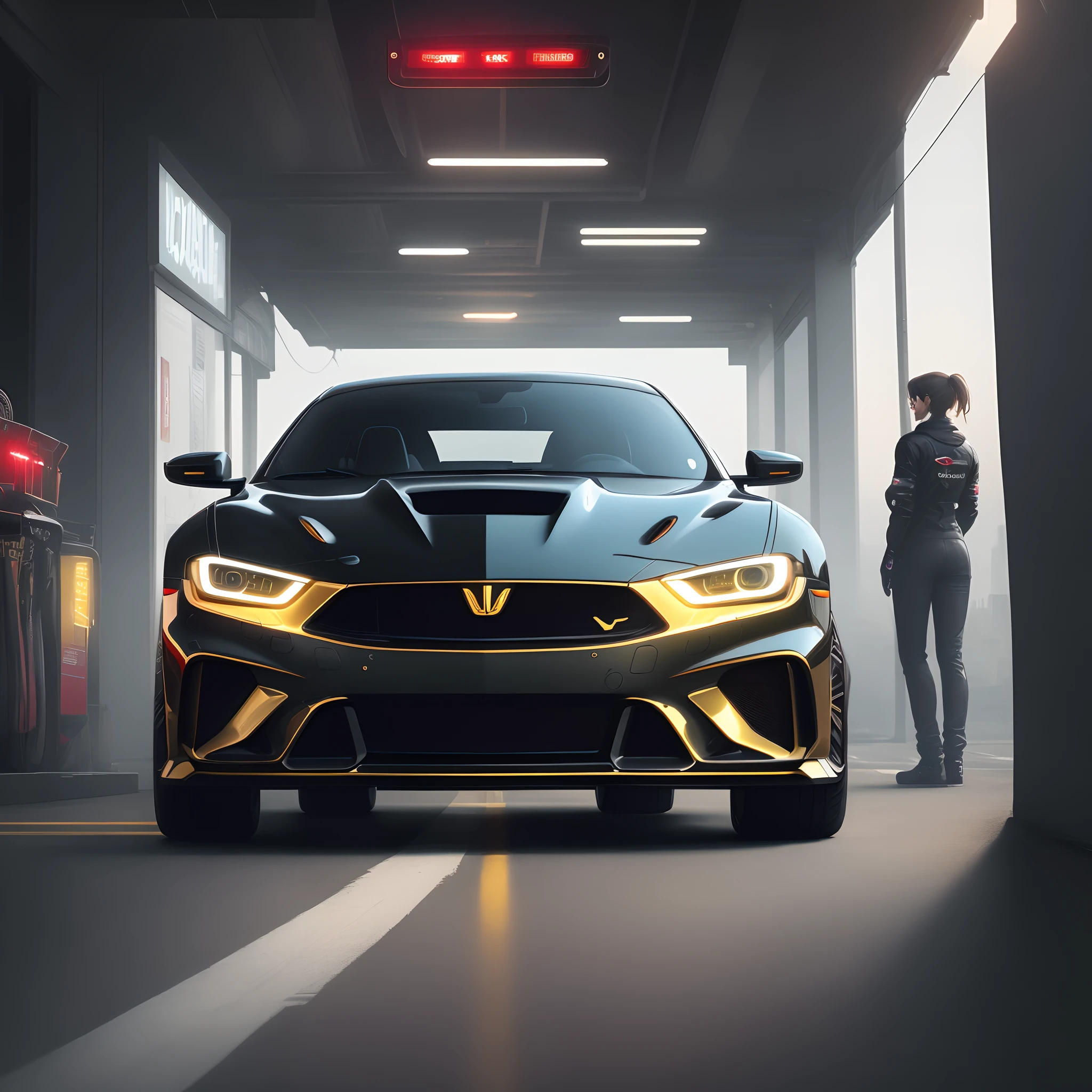 A sports car, golden neon line, black colour, full view, technology, cyberpunk