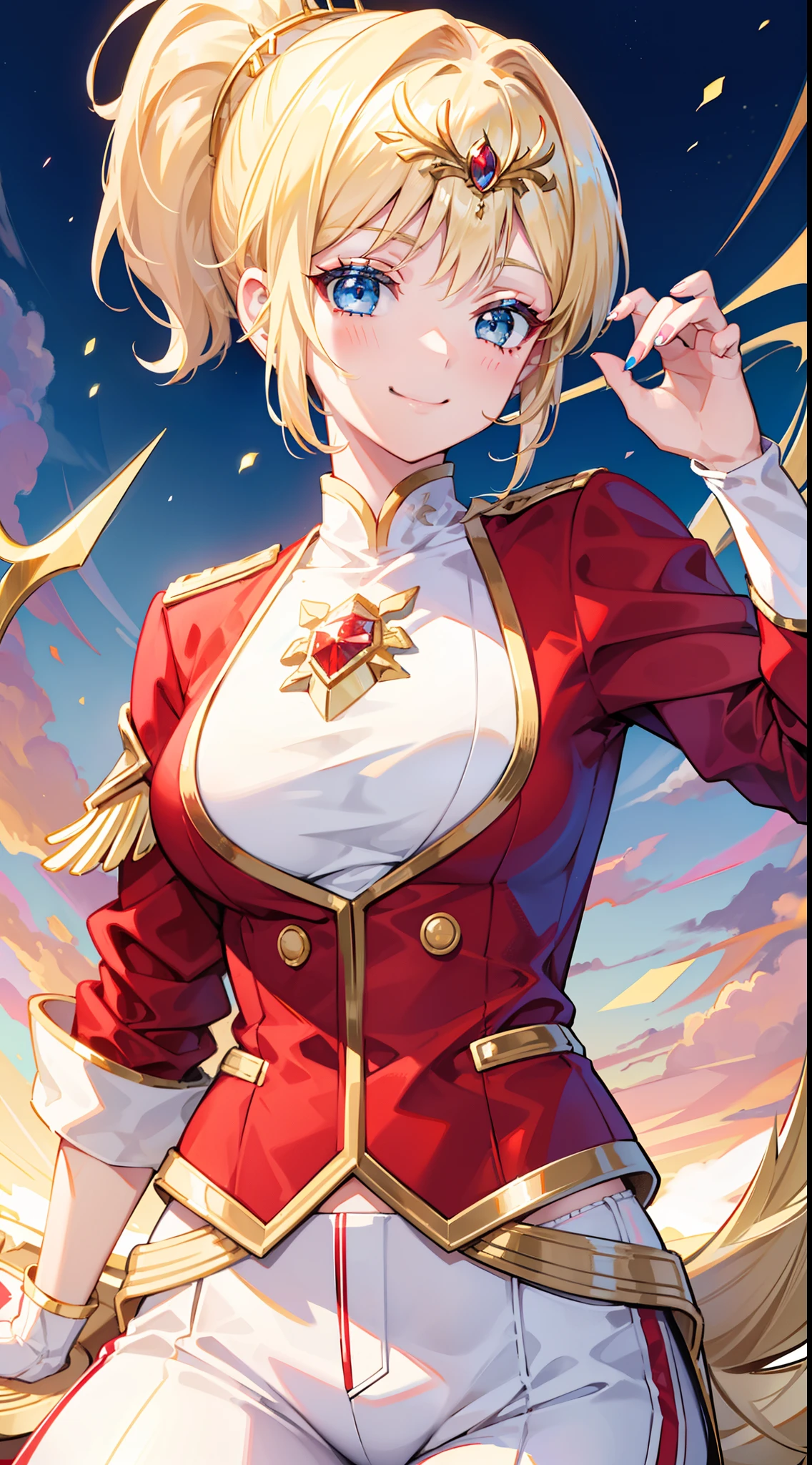 adult girl, short blonde hair, high ponytail, blue eyes, Smile, red jacket, white pants, diadem, Gold Elements, She-ra, Masterpiece, hiquality, 4k, HD, Good detail