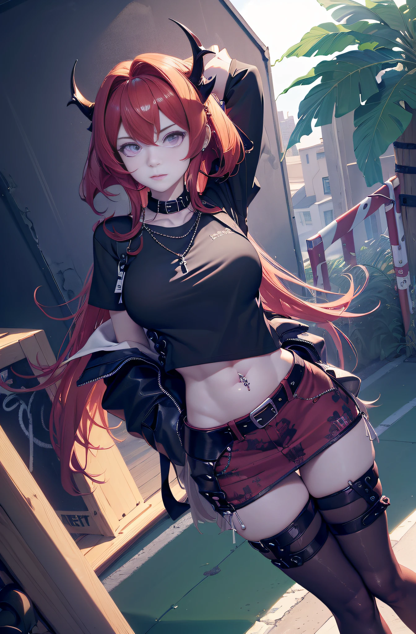 (((Perfect anatomy))), bishoujo, anime girl, anime, freedom+pencil_skirt, full body, detailed background, highres, official art, (masterpiece, best quality, absurdres), ((1girl, solo)), medium breasts, 1 girl, solo, long hair, red hair, crop top, black gloves, single glove, fingerless gloves, demon horns, black horns, short sleeves, sneakers, black footwear, bag charm, black bag, holding, holding bag, midriff, black wristband, red skirt, pencil skirt, black belt, black shirt, purple eyes, looking at viewer, ribs, stomach, toned, nice belly, navel, thigh strap, thighhighs, black thighhighs, black socks, hair between eyes, jewelry, necklace, parted lips, standing, hands on hip, outdoors, street, cityscape, ((((navel piercing))))