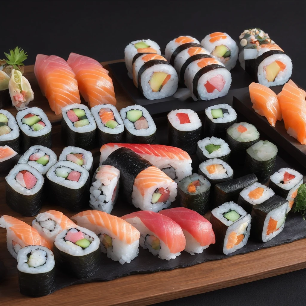 sushi,Juicy,delicacy,thermography,promo photo,Complicated details,hdr,The is very detailed,Diffuse reflections illuminate ultra-detail, (Complexity, detail, Ultra detail super-detailing), Cinematic, Hyperrealistic