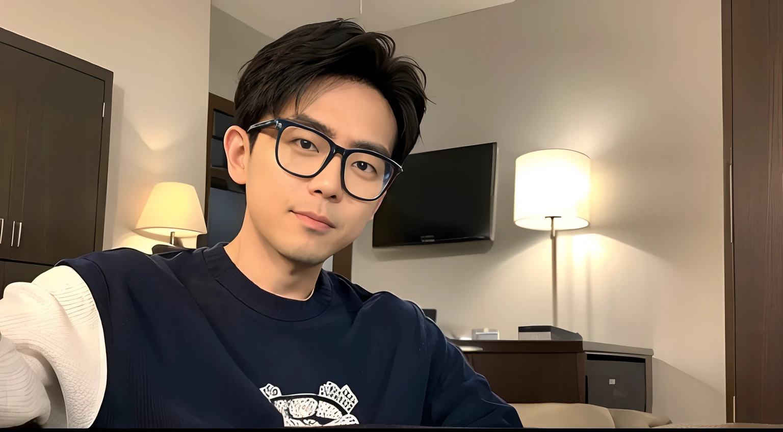 35-year-old Japan man wearing glasses、I'm doing financial Instagram live in my hotel room.。