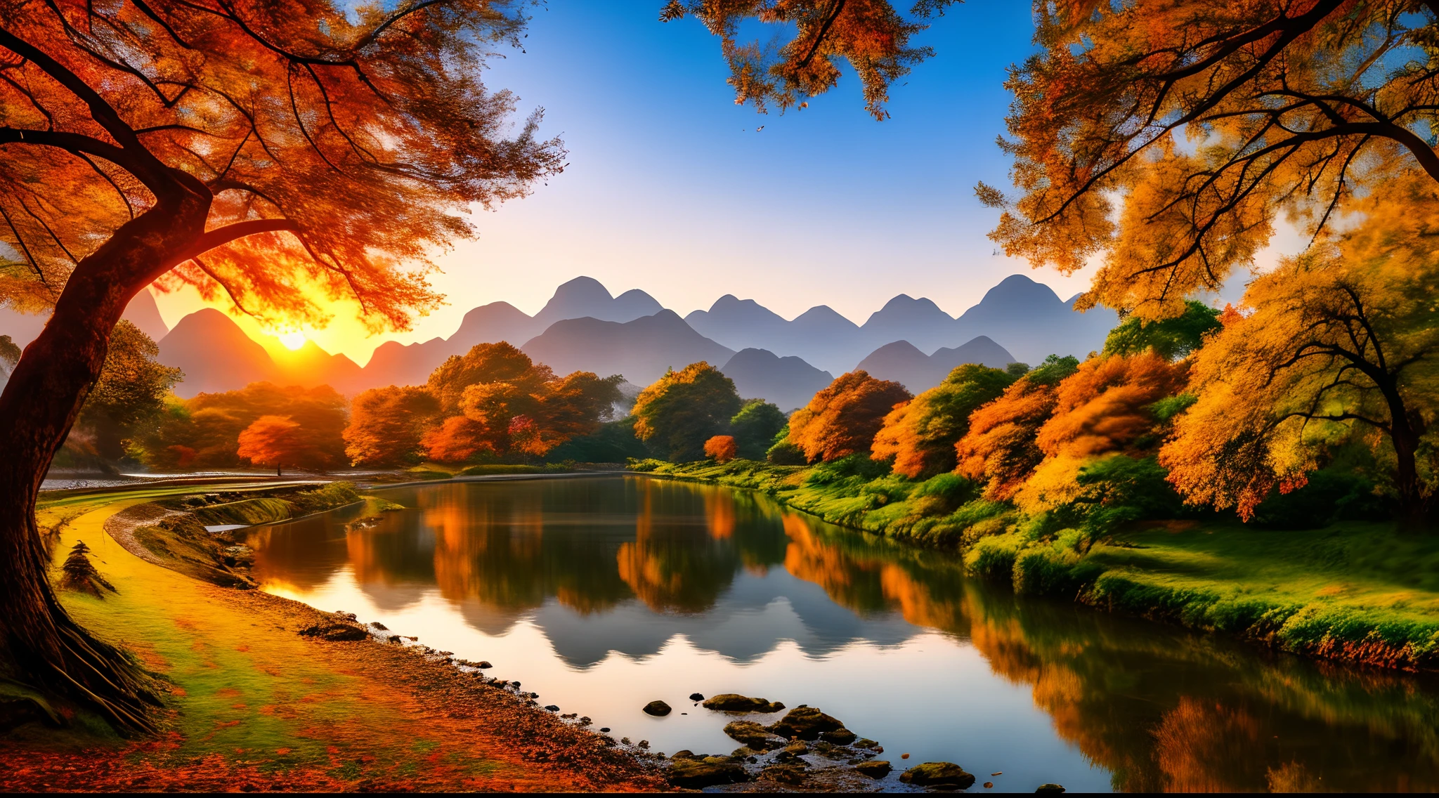 Chic Chinese autumn landscape,autumnal,eventide,riverbank,the setting sun,evening light,view from long distance,realisticlying,anatomy correct,Oriental elements,plethora of colors,Gorgeous and colorful,wide wide shot,positive,natural style,hdr shot。The is very detailed,reasonable design,Clear lines,High- sharpness,best qualtiy,tmasterpiece,offcial art,8K
