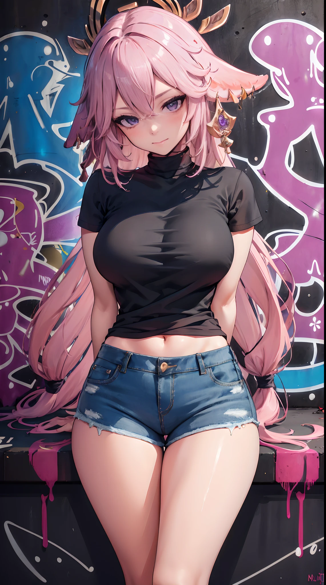 Yae Miko|genshin impact, master-piece, bestquality, 1girls,25 years old, shorts jeans, oversized breasts, ,bara, shirtless, nude, choker, (Graffiti:1.5), Splash with purple lightning pattern., arm behind back, against wall, View viewers from the front., Thigh strap, Head tilt, bored, water eyes,