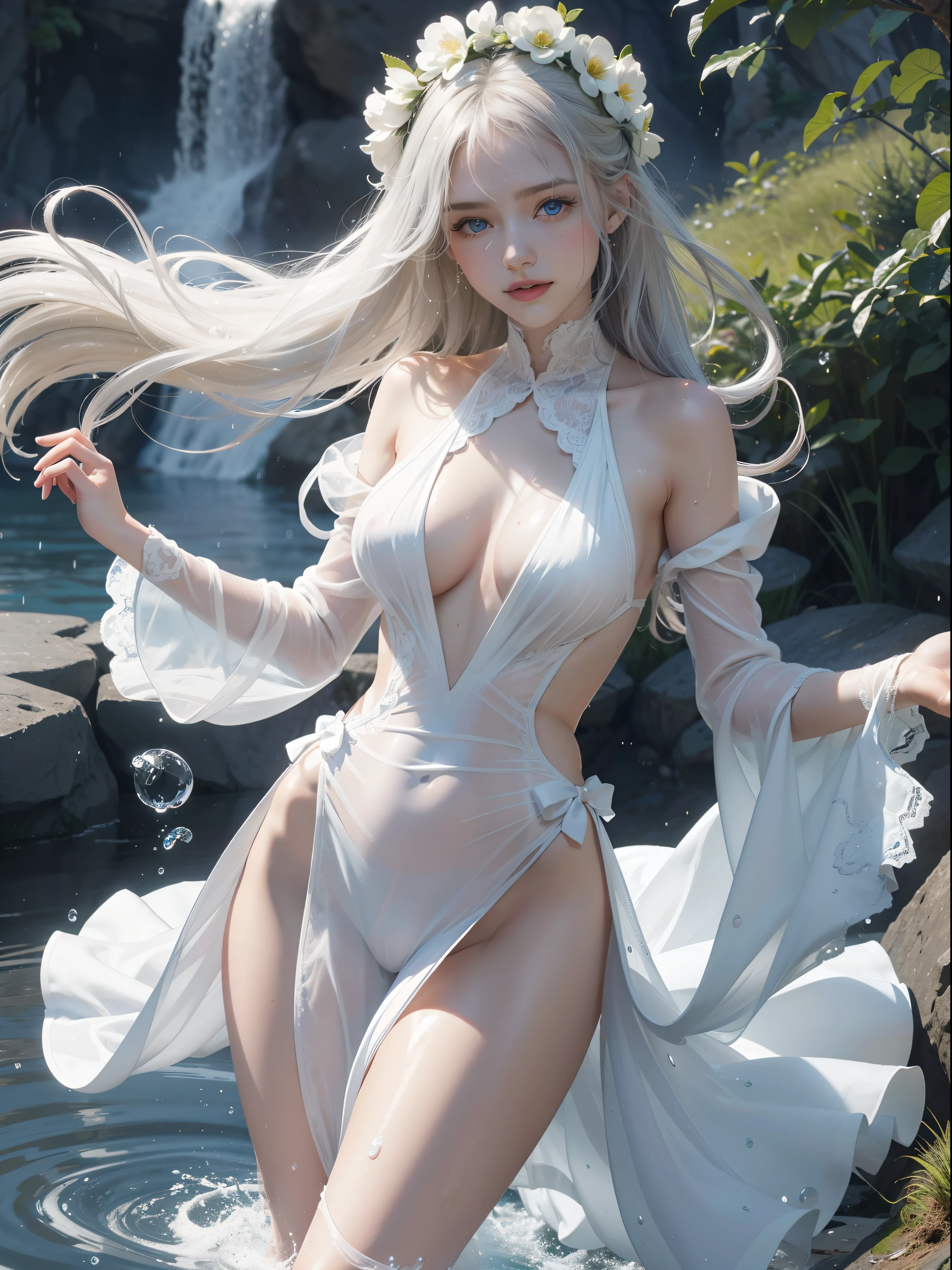 Natural steppes,Under the heavy rain,sodden,Transparent skin,White goddess blue eyes in human shape、beautiful body of a flower of a very attractive age with white pubic hair,,,,,,,,,White Isekai Dress,Frolic cheerfully,A smile,Dancing,Skinny Legs,The body gets wet with water,Water droplets flow,Hair gets wet,The skin is sheer,Melting clothes,