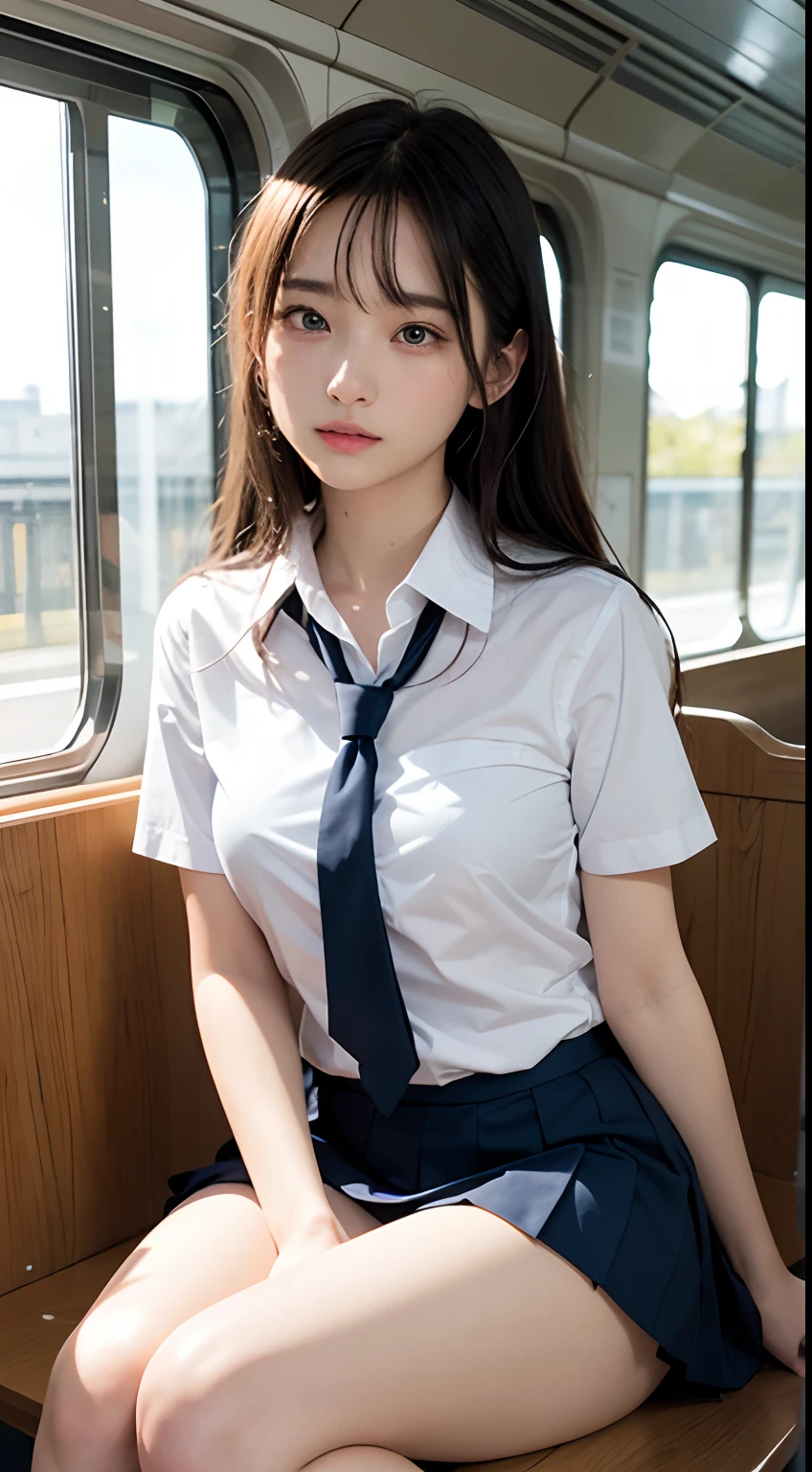 (masutepiece, Best Quality:1.2), 8K, 18year old, 85 mm, Official art, Raw photo, absurderes, White dress shirts, Pretty Face, close up, Upper body, violaceaess, gardeniass, Beautiful Girl, School uniform, (Navy pleated skirt:1.1), Cinch West, thighs thighs thighs thighs, Short sleeve, on train, Sit on a bench seat, Looking at Viewer, No makeup, (Smile:0.4), Film grain, chromatic abberation, Sharp Focus, face lights, clear lighting, Teen, Detailed face, Bokeh background, (dark red necktie:1.1)、Colossal tits