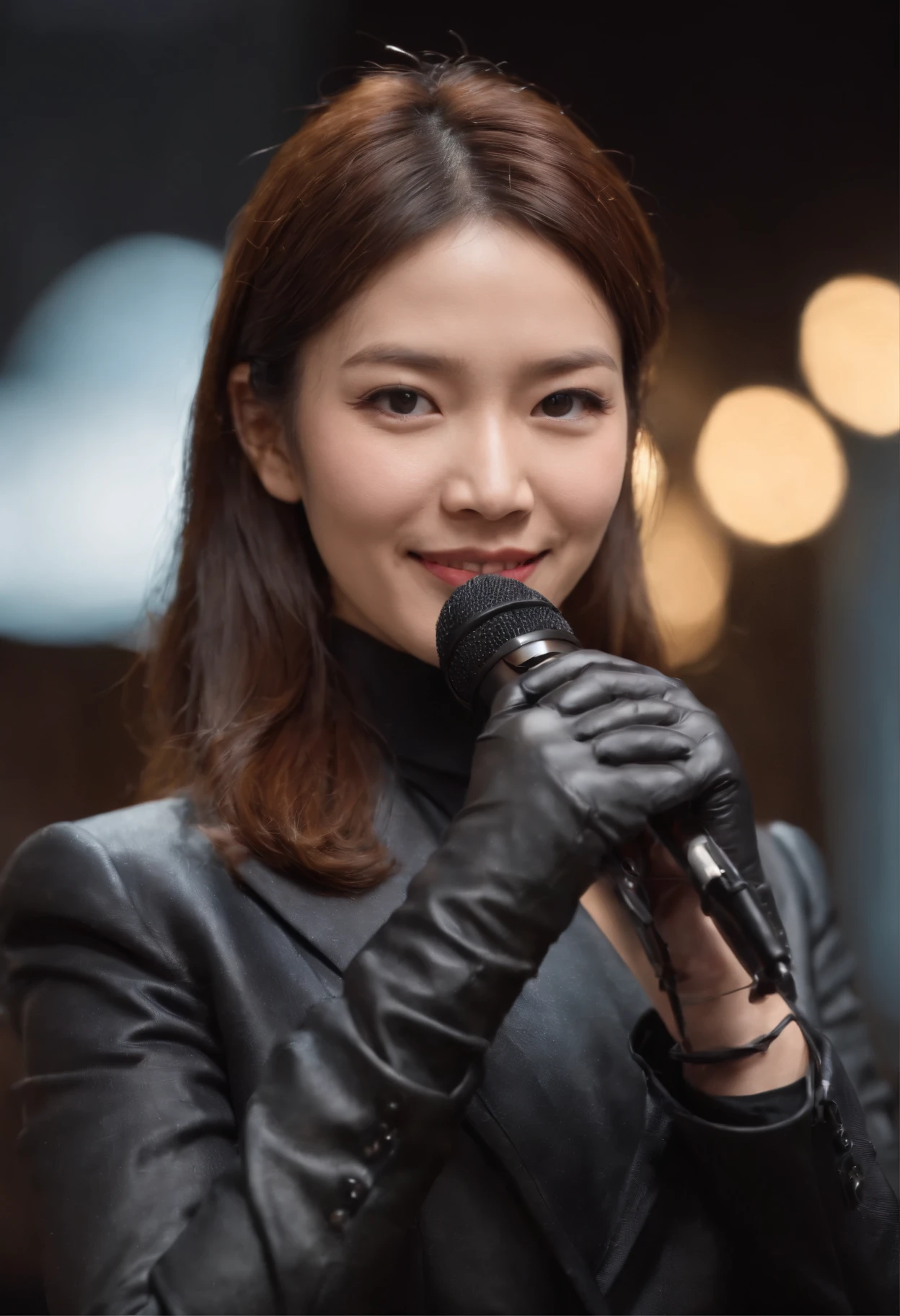 Point the microphone you hold in black leather gloves at you.、Japan female announcer smiling in suit