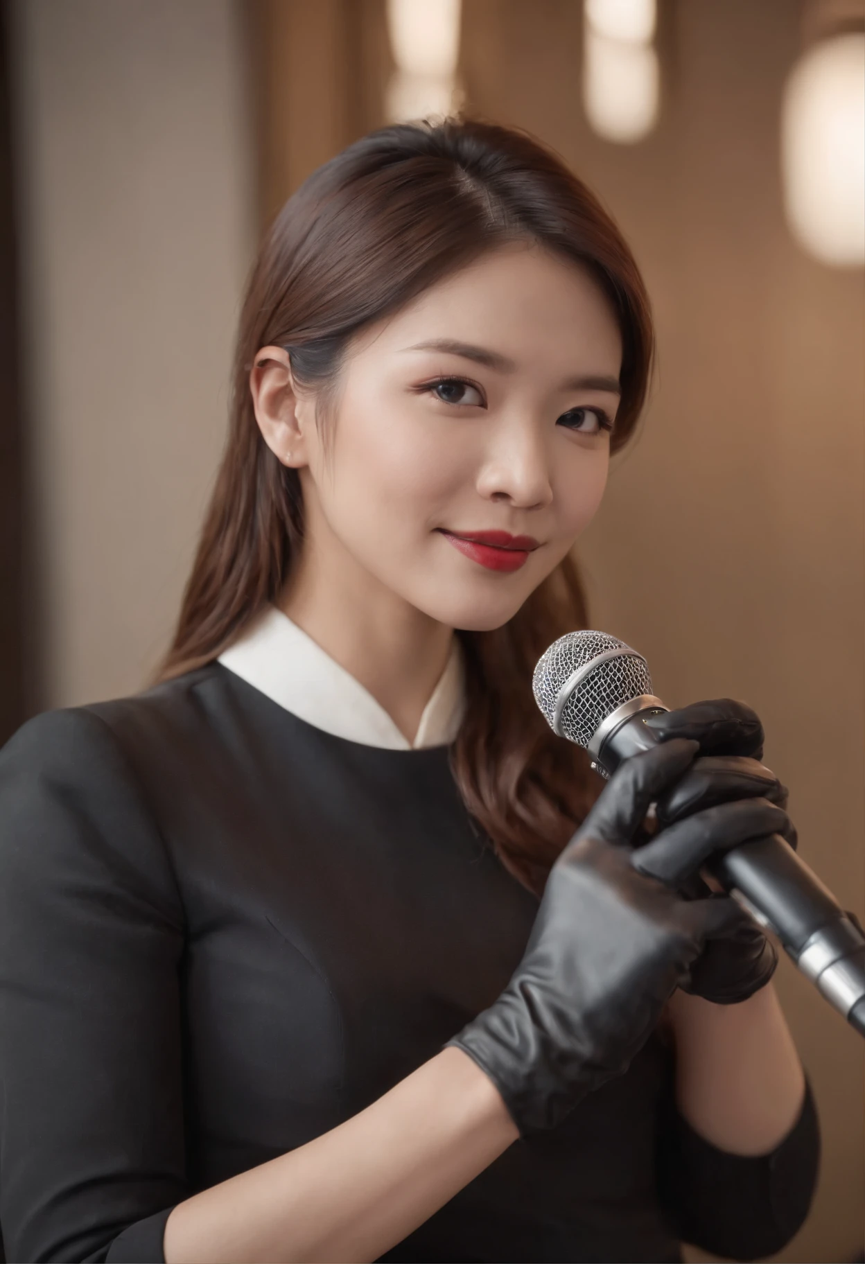 Point the microphone you hold in black leather gloves at you.、Japan female announcer smiling in suit