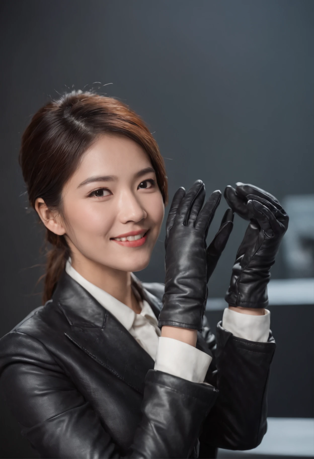 Point the microphone you hold in black leather gloves at you.、Japan female announcer smiling in suit