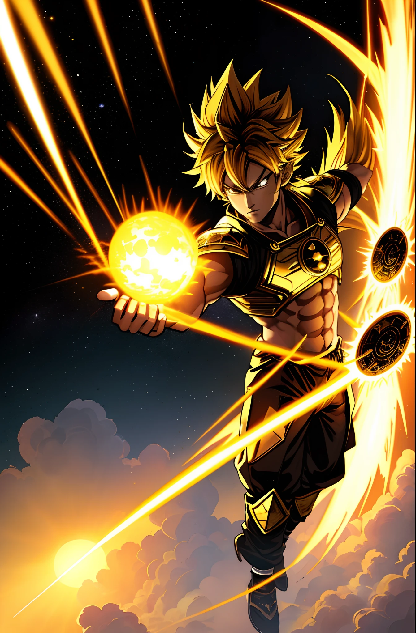 ((Masterpiece)), ((Best quality)), ((Super detailed)), (Highly detailed CG illustration), Stunning black and gold background, Sky blank cloud background, Cosplay Super Saiyan Sun Wukong standing on the yellow cloud, Sending shockwaves towards Earth in space,starrysky,spaceship,Long lines cannot be pulled