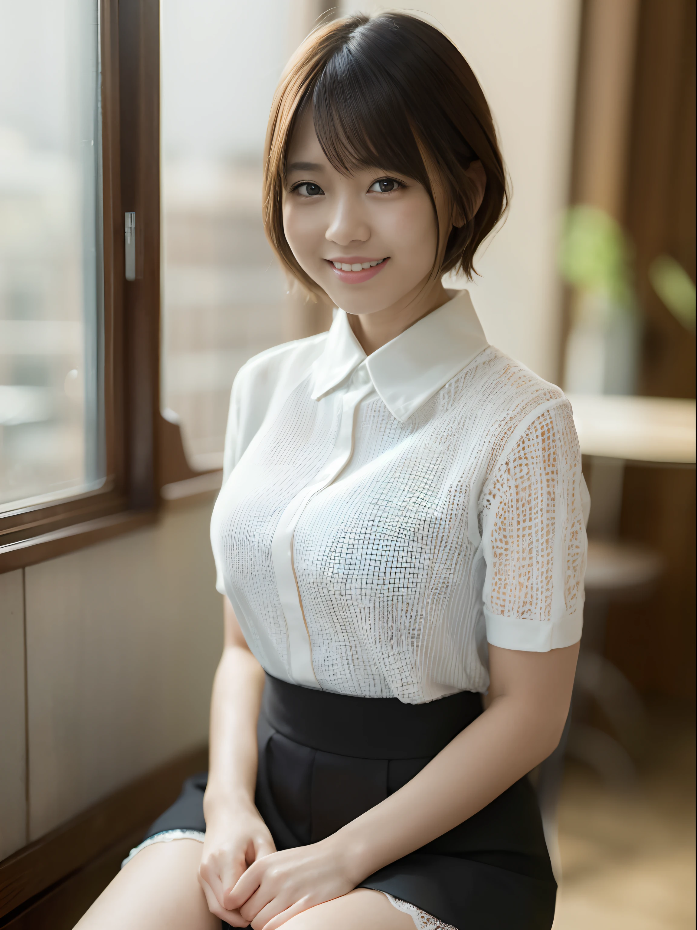 (8K、top-quality、masterpiece:1.2)、(realisitic、Photorealsitic:1.37)、ultra-detailliert、 1 人、cute little、Soio、Beautiful detailed sky、Detailed Cafe、natta、sitting on、date、(Nasal blush)、 (A smile:1.15),(Closed)small tits,Beautiful fineness,(shirt with collar:1.1),natta,Wet,Business Wear,Sateen,White lace,(short-hair:1.2),Floating Hair NovaFrogStyle,An 18-year-old woman、Happy smile