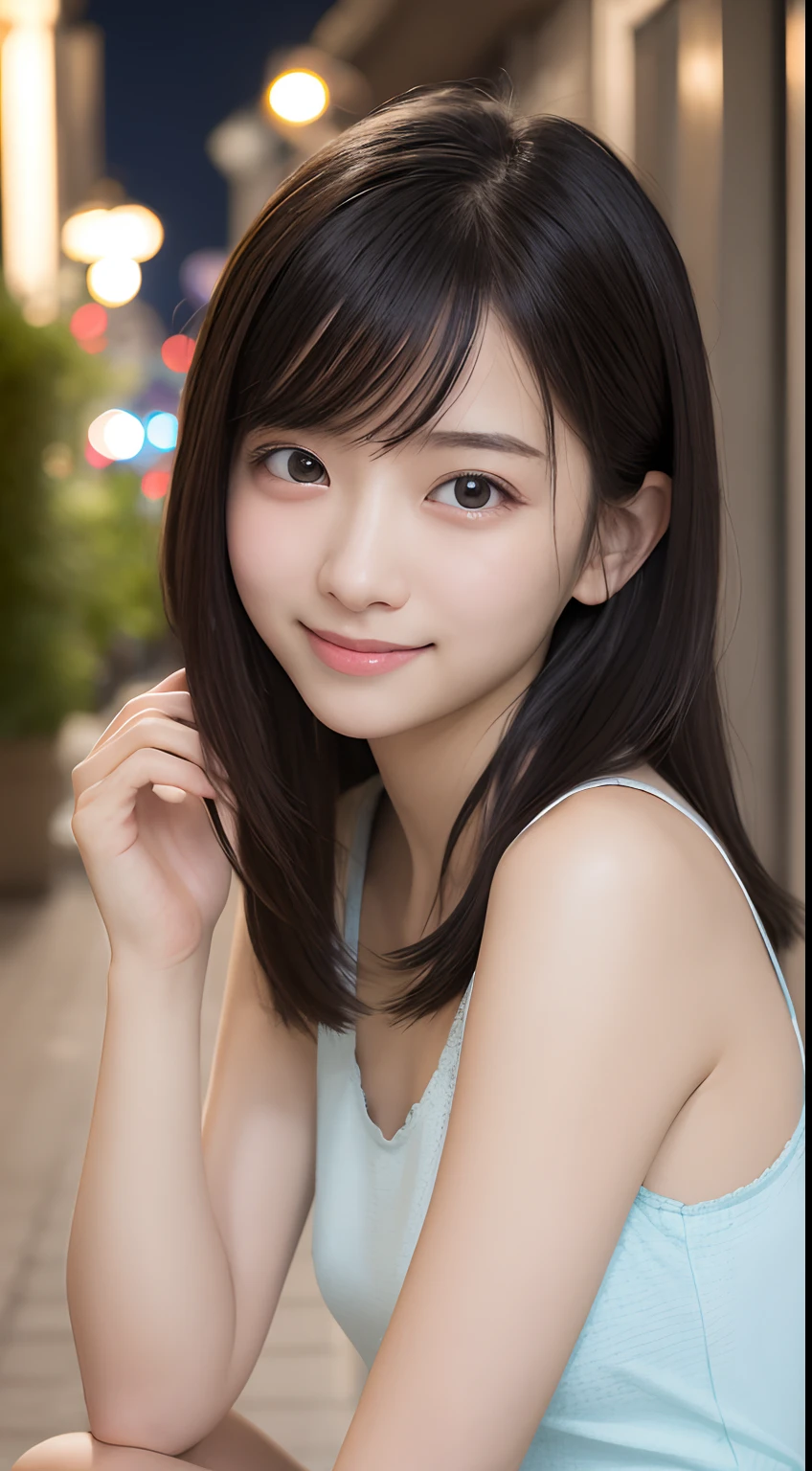 masutepiece, Best Quality, 8K, 15yo student, Teen, Raw photo, absurderes, award winning portrait, Smile, Smile, Solo, Night, neons, Idol face, violaceaess, gardeniass, Delicate girl, Upper body, Digital SLR, Looking at Viewer, Candid, Sophisticated, zora々Right, Thin arms, Professional Lighting, Film grain, chromatic abberation, (Eyes and faces with detailed:1.0), (Bokeh:1.1)
