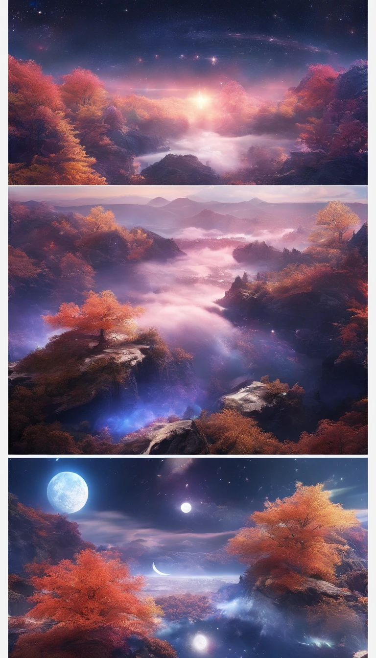 China-style,Ultra-wide angle of view,Beautiful view of autumn,mountain spring,waterfallr,Cloud fog,fall foliage,Fallen leaves all over the ground,oc rendered,high qulity,8K,super-fine,Hyper-realistic,Ultra photo realsisim,35mm camera lens,ultra - detailed