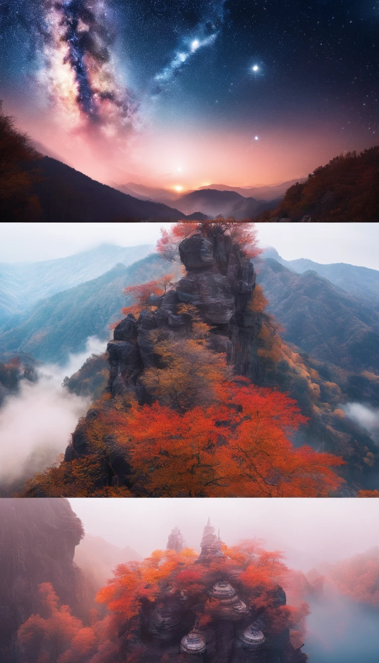 China-style,Ultra-wide angle of view,Beautiful view of autumn,mountain spring,waterfallr,Cloud fog,fall foliage,Fallen leaves all over the ground,oc rendered,high qulity,8K,super-fine,Hyper-realistic,Ultra photo realsisim,35mm camera lens,ultra - detailed