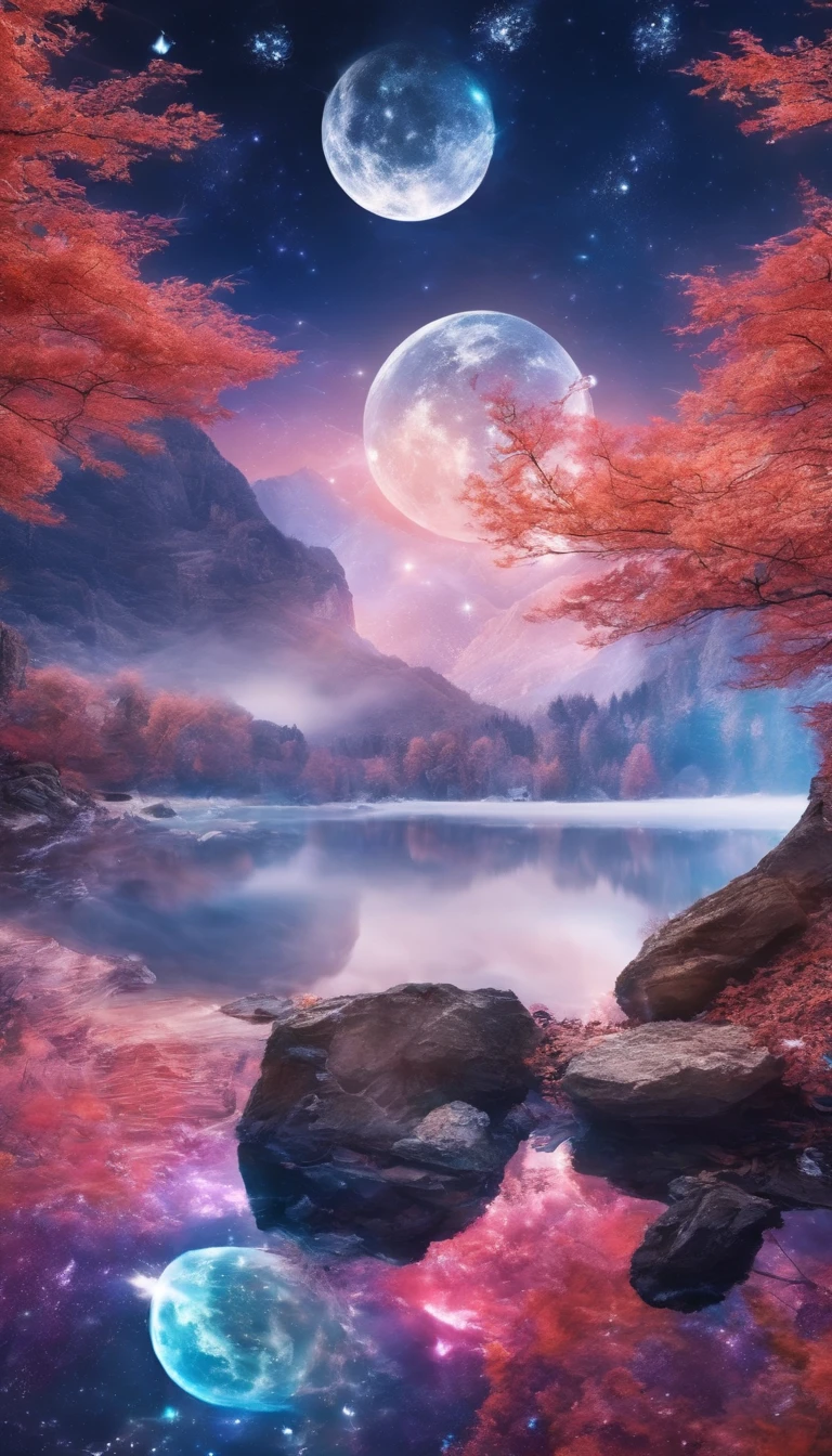 China-style，Ultra-wide angle of view，Beautiful view of autumn，mountain spring，waterfallr，Cloud fog，fall foliage，Fallen leaves all over the ground，oc rendered，high qulity，8K，super-fine，Hyper-realistic，Ultra photo realsisim，35mm camera lens，ultra - detailed