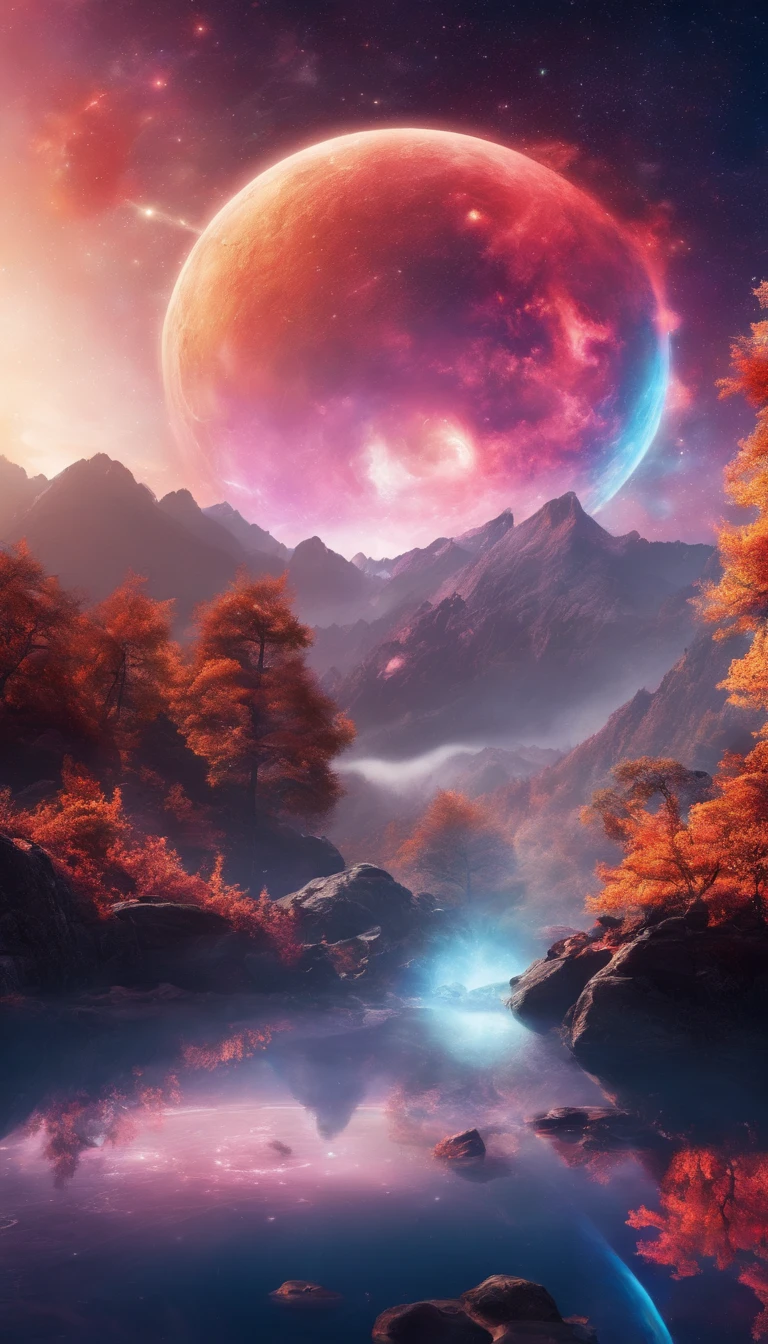 China-style,Ultra-wide angle of view,Beautiful view of autumn,mountain spring,waterfallr,Cloud fog,fall foliage,Fallen leaves all over the ground,oc rendered,high qulity,8K,super-fine,Hyper-realistic,Ultra photo realsisim,35mm camera lens,ultra - detailed