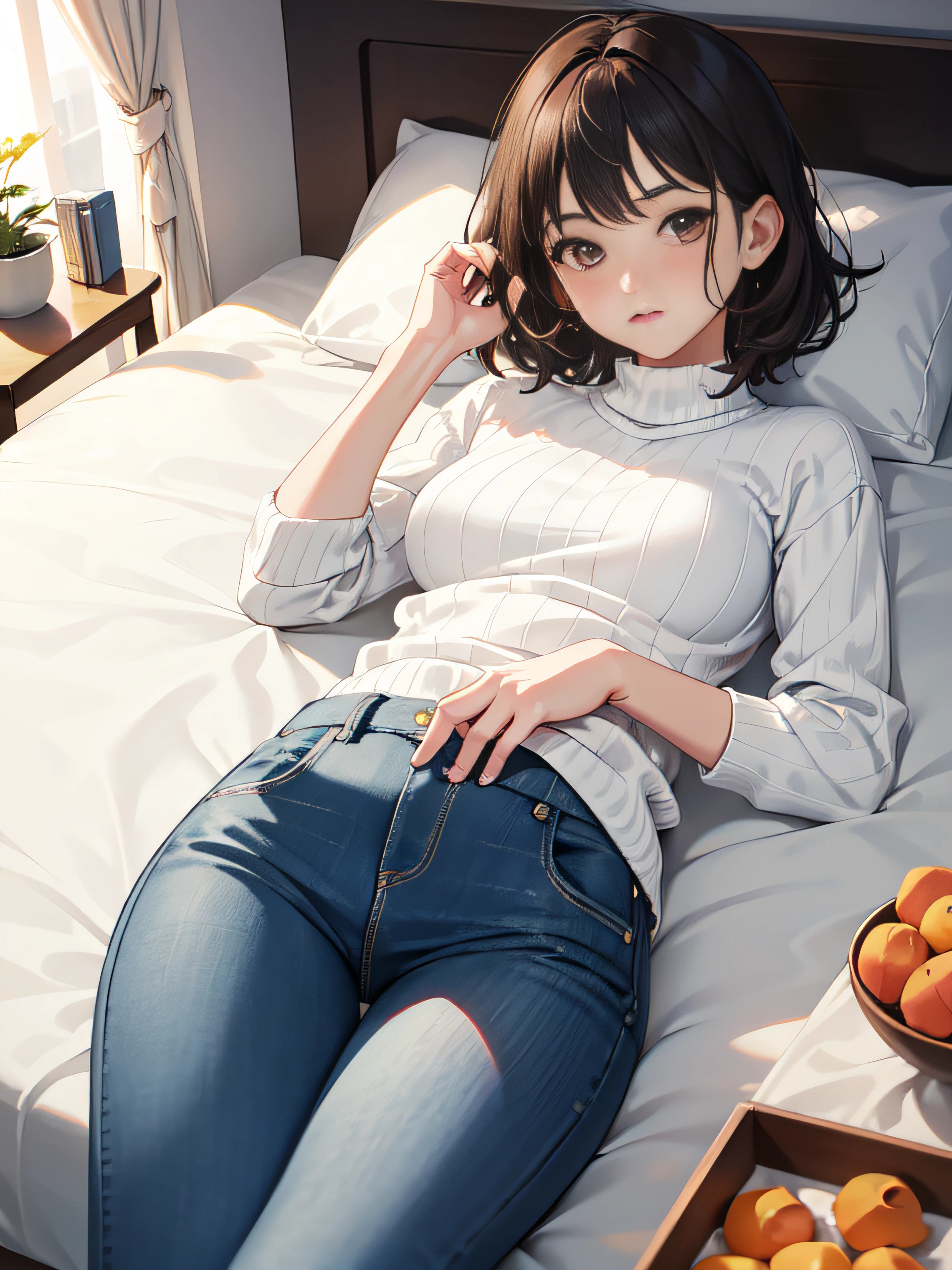 1girll,23years old,Pure,Pout,Embarrassed,Apricot eyes,brunette color hair,,Short hair, Short hair,The feeling of a good wife and a good mother,Small nose bridge,,White turtleneck knit sweater,skintight jeans,plumw,Cosmopolitan beauty,slightly rounded face,Fashionab,Modern attire,inside in room,University dormitories,((Lie down in bed)),Break (Masterpiece:1.2), Best quality, high resolution, Unity 8k wallpaper, (illustration:0.8),Perfect lighting, Extremely detailed CG, (Perfect hands, Perfect anatomy)