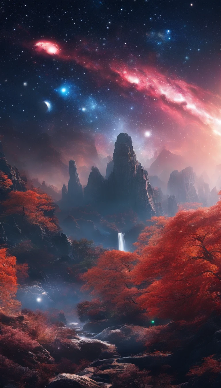 China-style,Ultra-wide angle of view,Beautiful view of autumn,mountain spring,waterfallr,Cloud fog,fall foliage,Fallen leaves all over the ground,oc rendered,high qulity,8K,super-fine,Hyper-realistic,Ultra photo realsisim,35mm camera lens,ultra - detailed