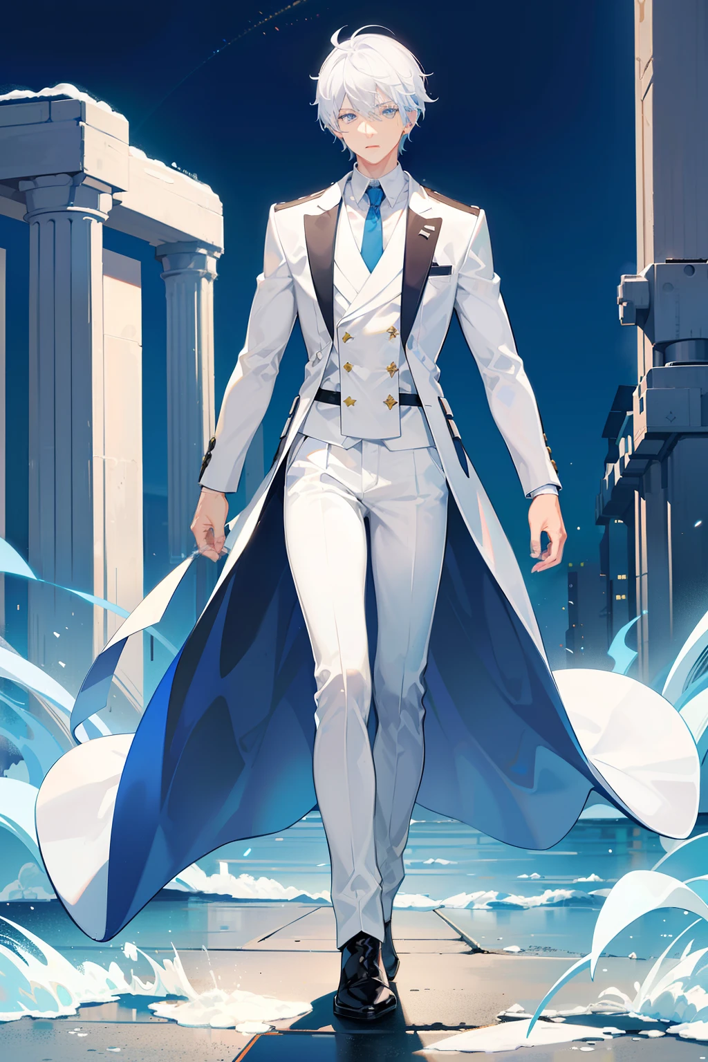 White-colored skin，White-colored skin，light blue  eyes，lightblue hair、Industrial Earrings，crosses、short detailed hair，Handsome，shoun，Highest image quality，male people，hoods，Martin Boots，crosses，crosses，nighttime scene，Black inner，Black pantsuit