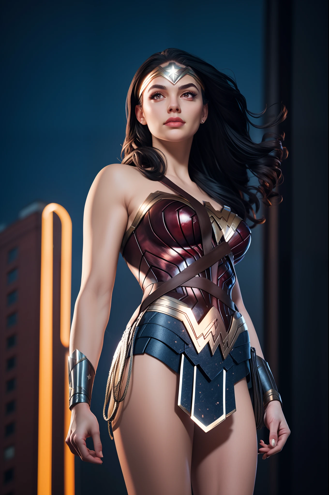 Wonder woman, Portrait photo by Altgarm, realism style, Glowing skin, Cartoon hero, Defined lips, Strong physical strength, Feminine body, Full body, viewer, Depth of field f/1.8, Building Street, natta, ultra wide lens, ((Shooting from below)), (large udder:1.2),